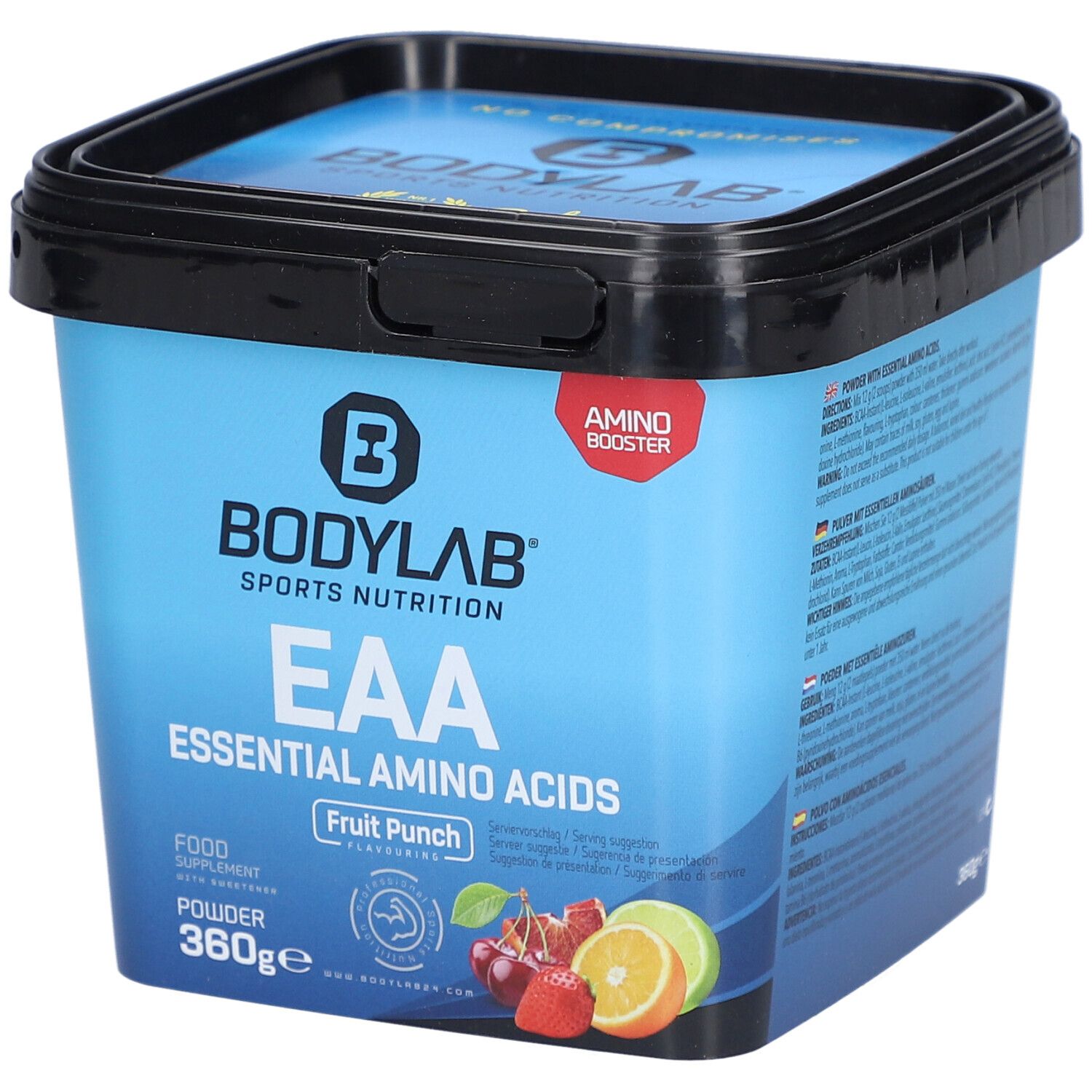 Blauer Eimer mit schwarzem Deckel. Aufschrift: BODYLAB, EAA Essential Amino Acids, Fruit Punch. Abbildung von Früchten.