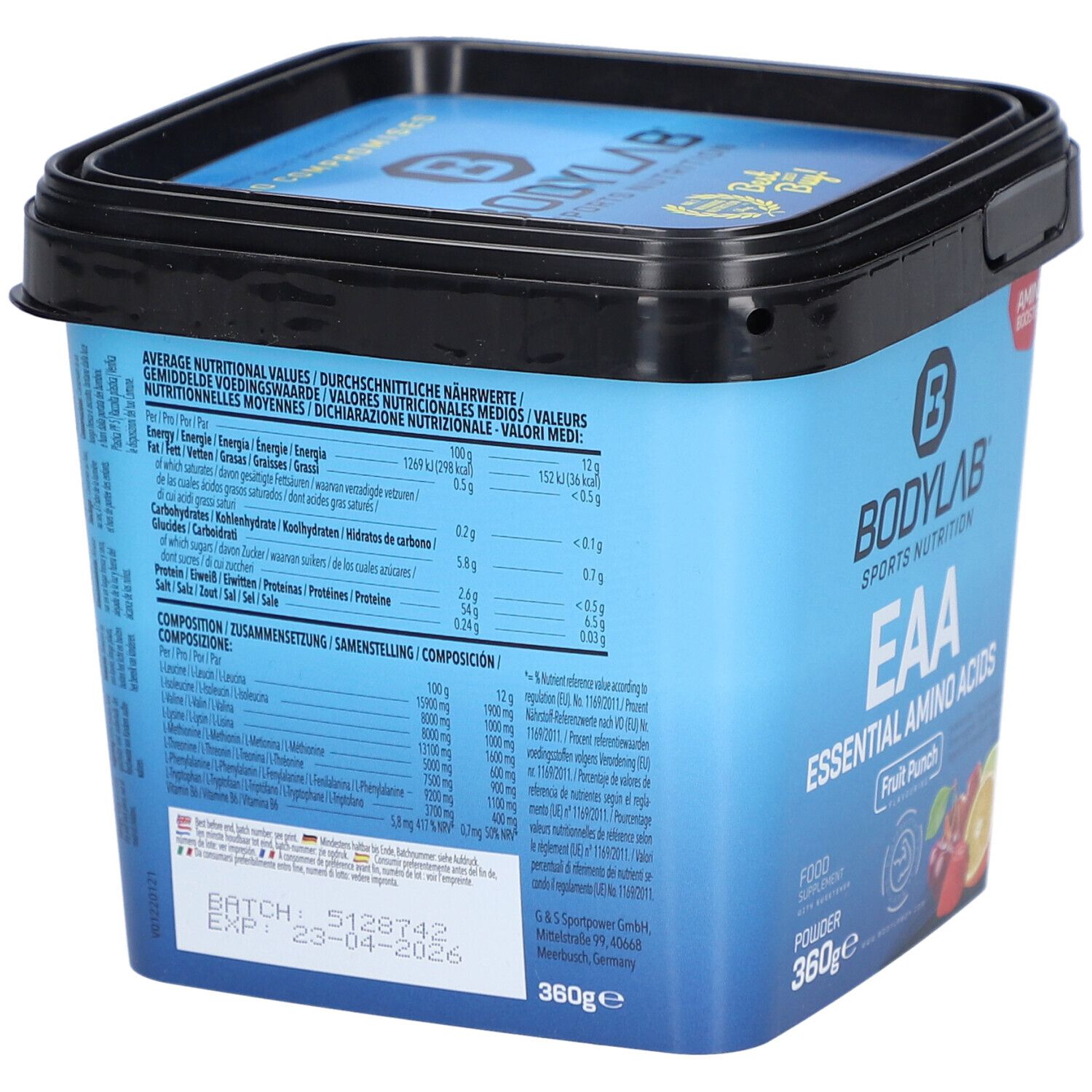 Blauer Eimer mit schwarzem Deckel. Rückseite mit Nährwertangaben und Inhaltsstoffen. Aufschrift: BODYLAB, EAA Essential Amino Acids.