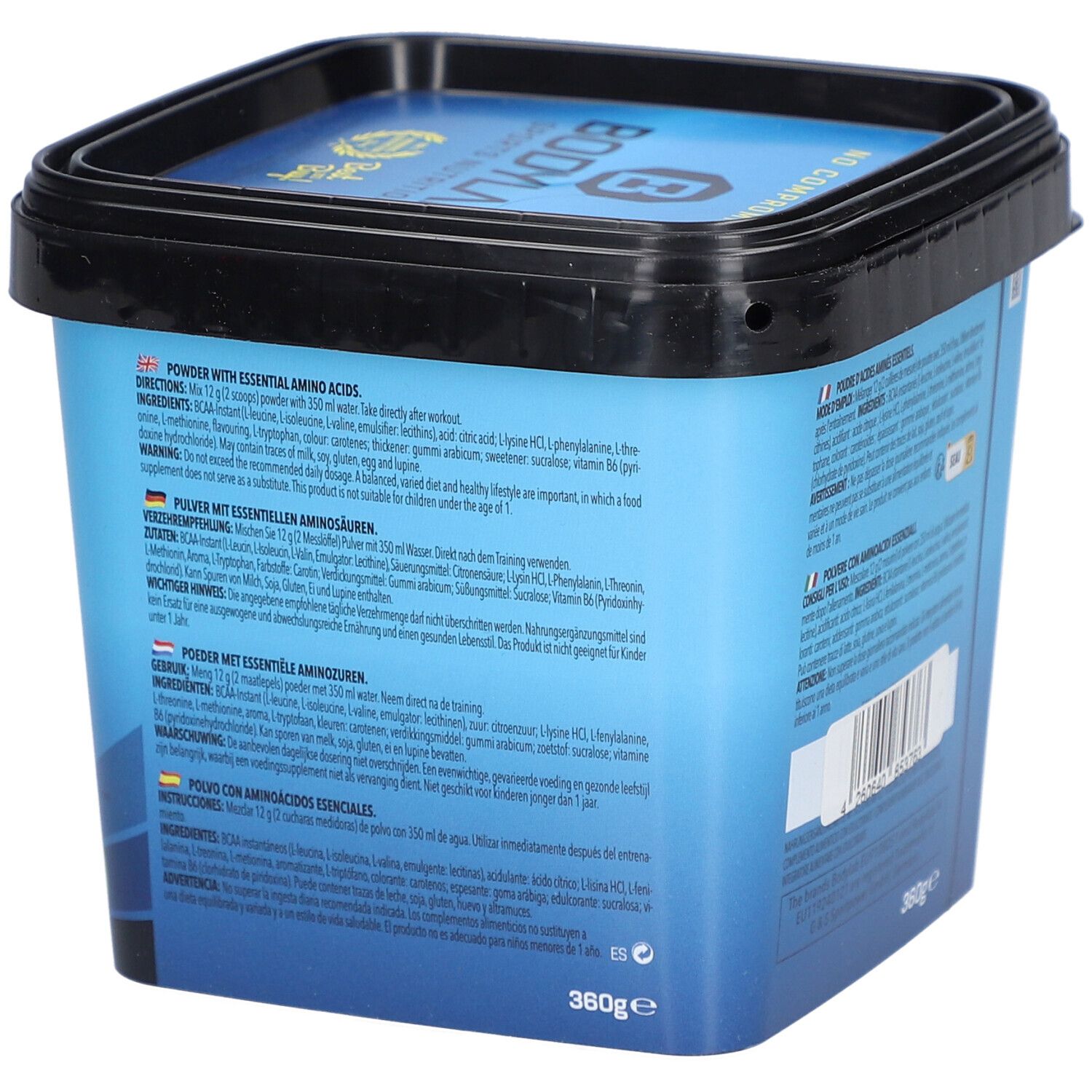 Blauer Eimer mit schwarzem Deckel. Rückseite mit Text in verschiedenen Sprachen. Aufschrift: BODYLAB, EAA Essential Amino Acids.