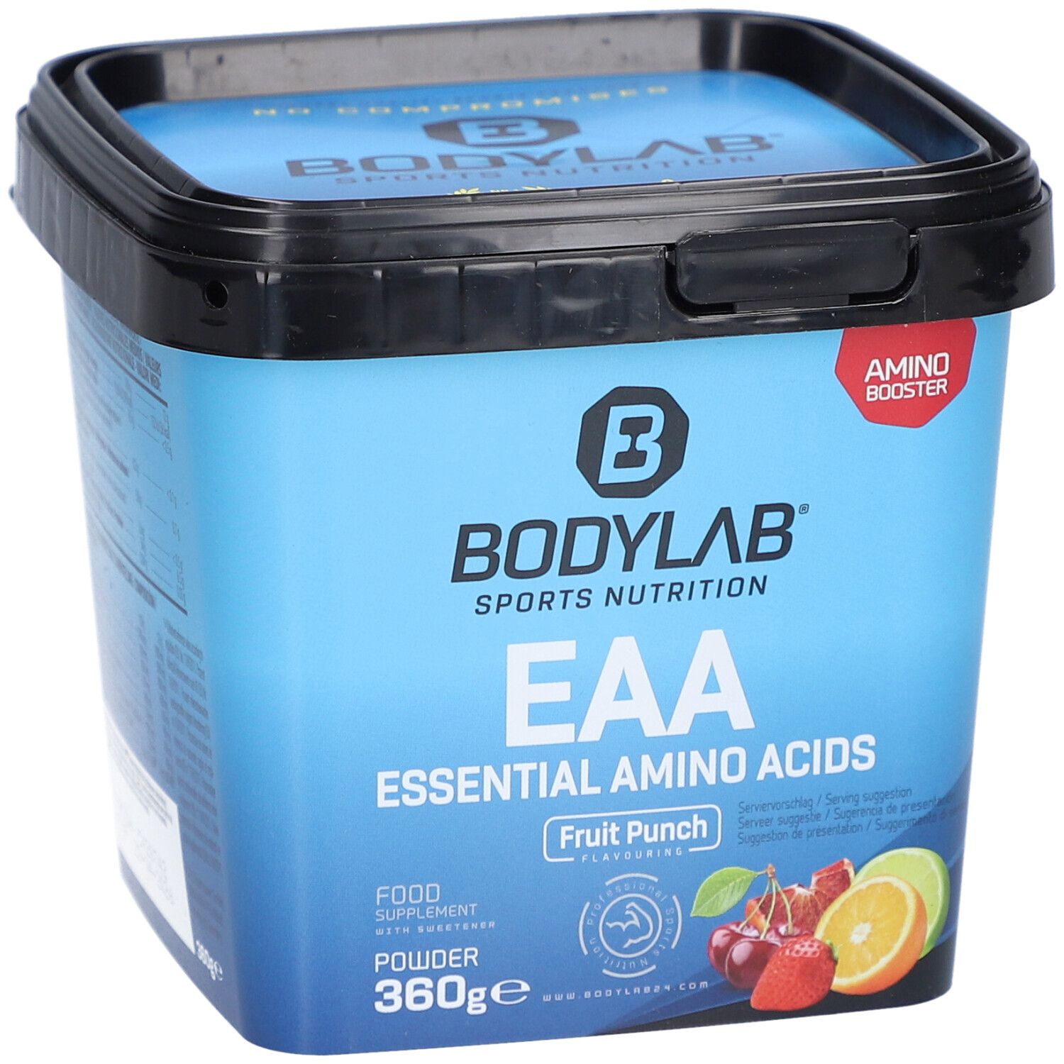 Blauer Eimer mit schwarzem Deckel. Aufschrift: BODYLAB, EAA Essential Amino Acids, Fruit Punch. Abbildung von Früchten.