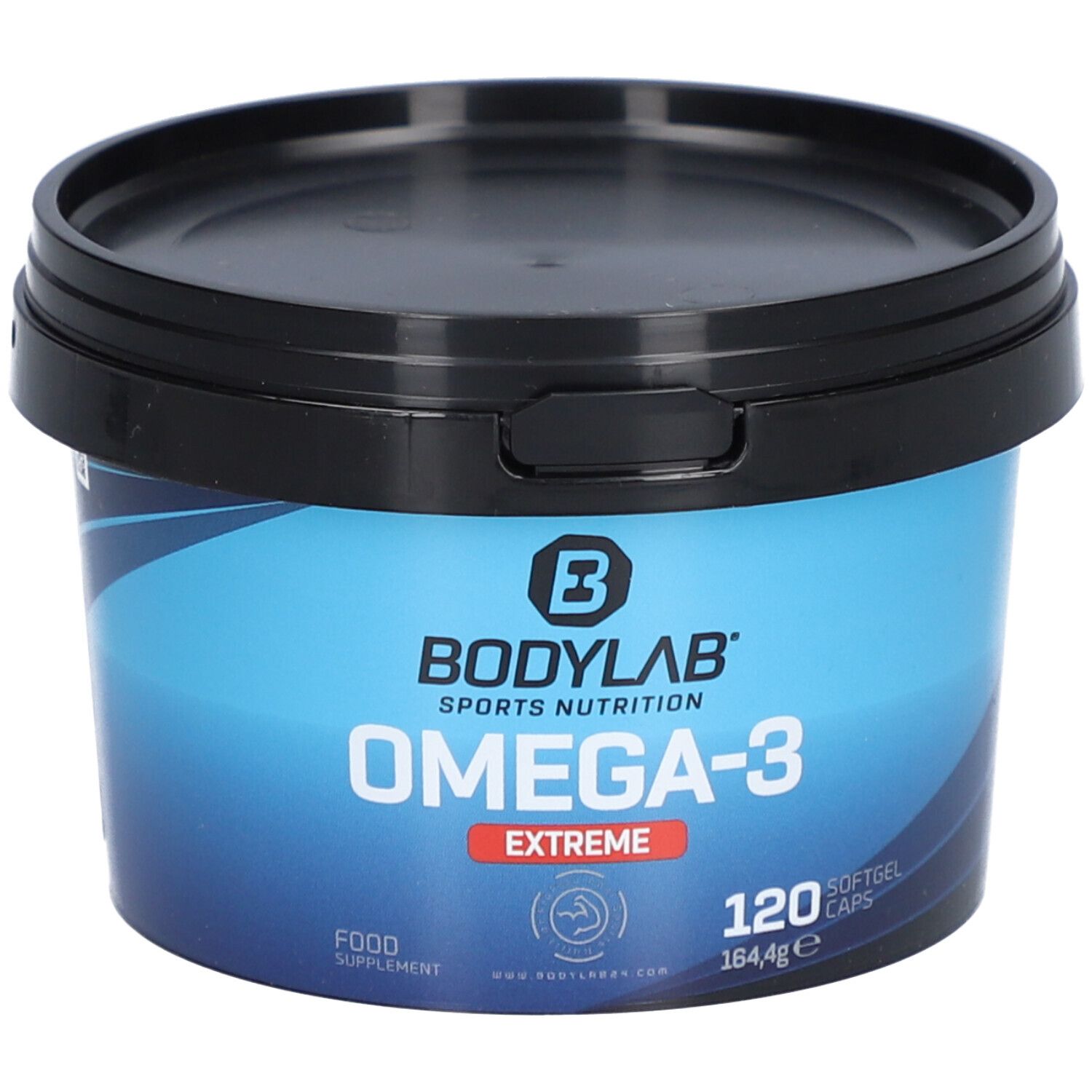 Blaue Dose mit schwarzem Deckel. Aufschrift: Bodylab, Omega-3 Extreme, 120 Softgel Kapseln. Nahrungsergänzungsmittel.