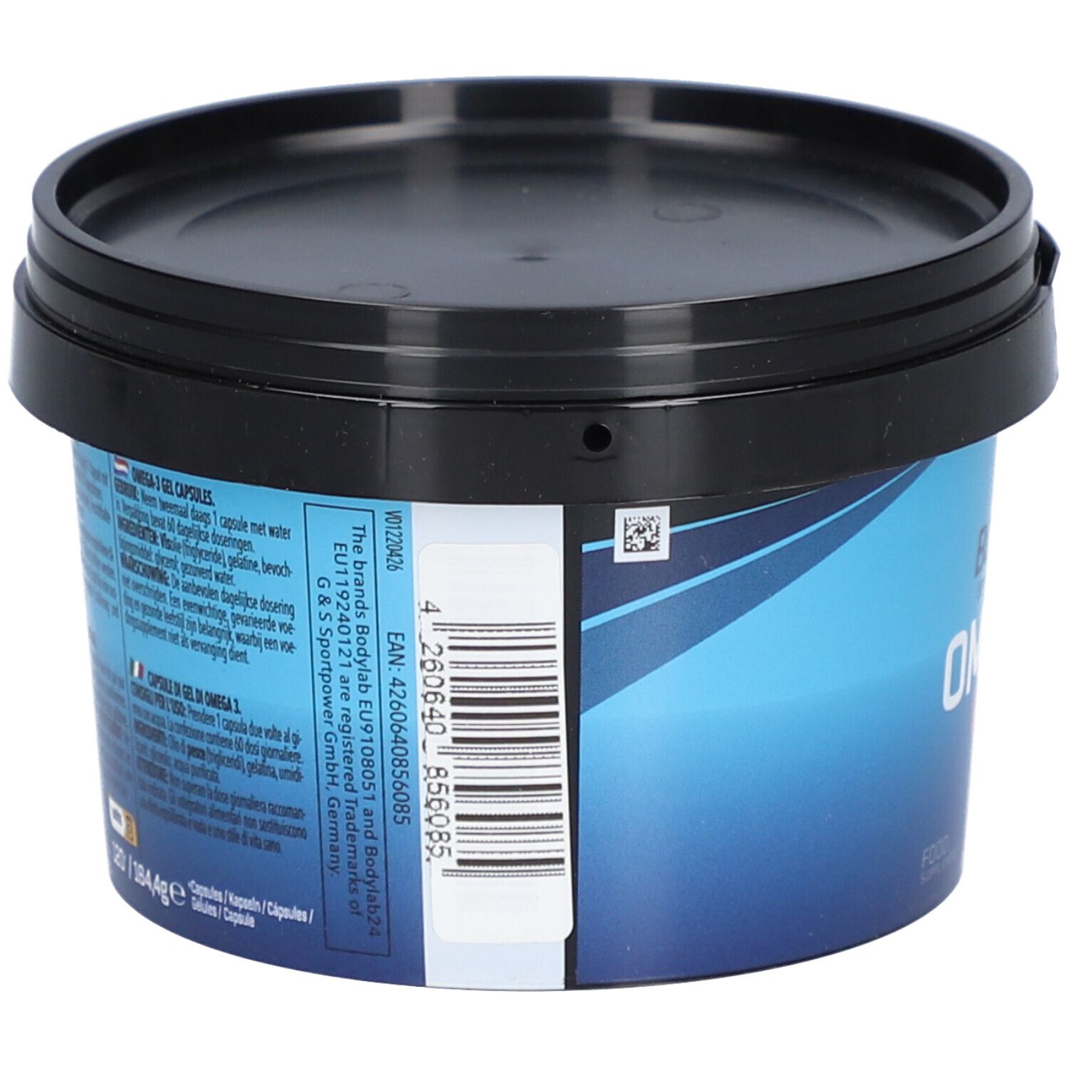 Rückseite der blauen Dose mit schwarzem Deckel. Text in mehreren Sprachen, darunter Deutsch und Englisch. Barcode.
