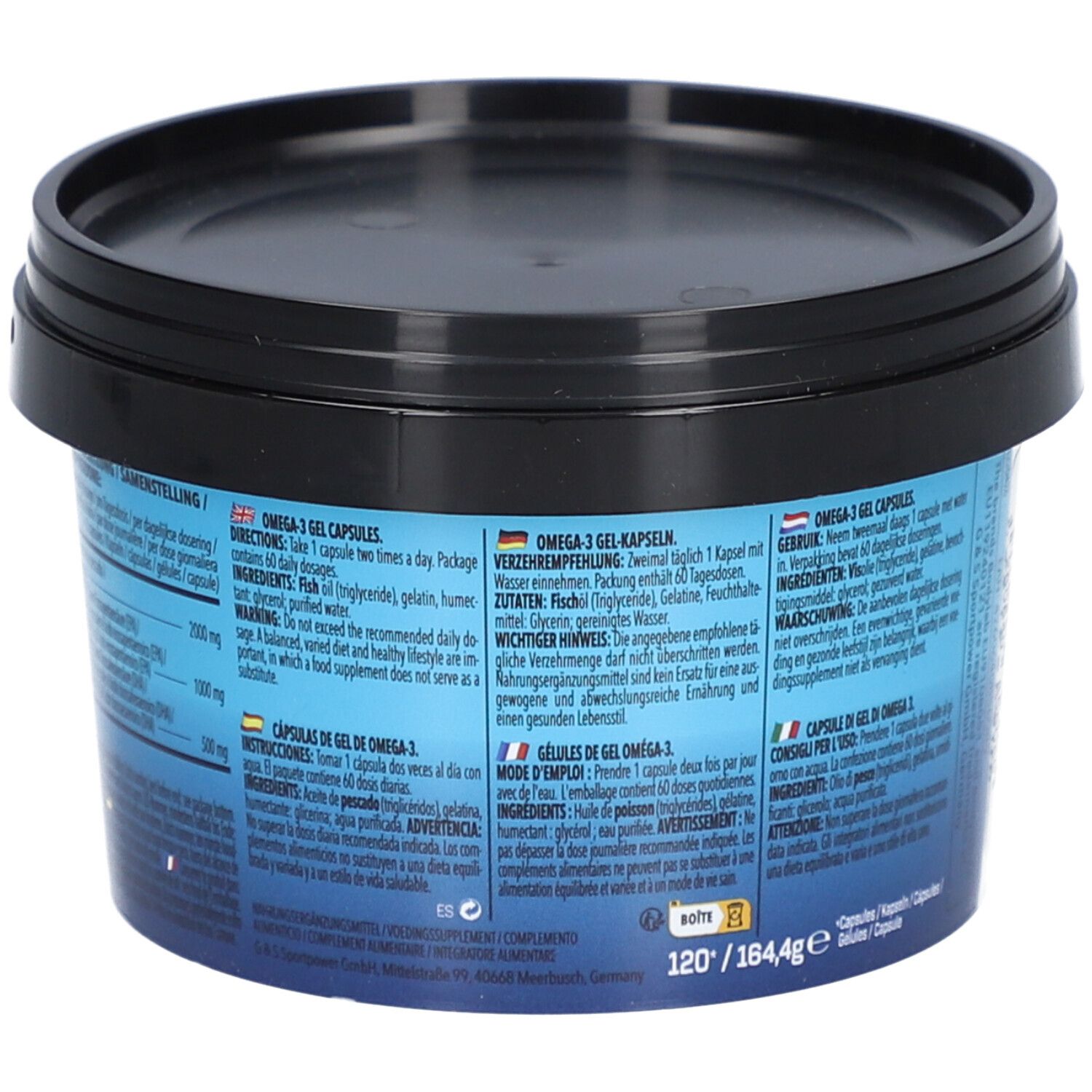 Rückseite der blauen Dose mit schwarzem Deckel. Mehrsprachiger Text, darunter Deutsch. Inhaltsangaben und Anwendungshinweise.
