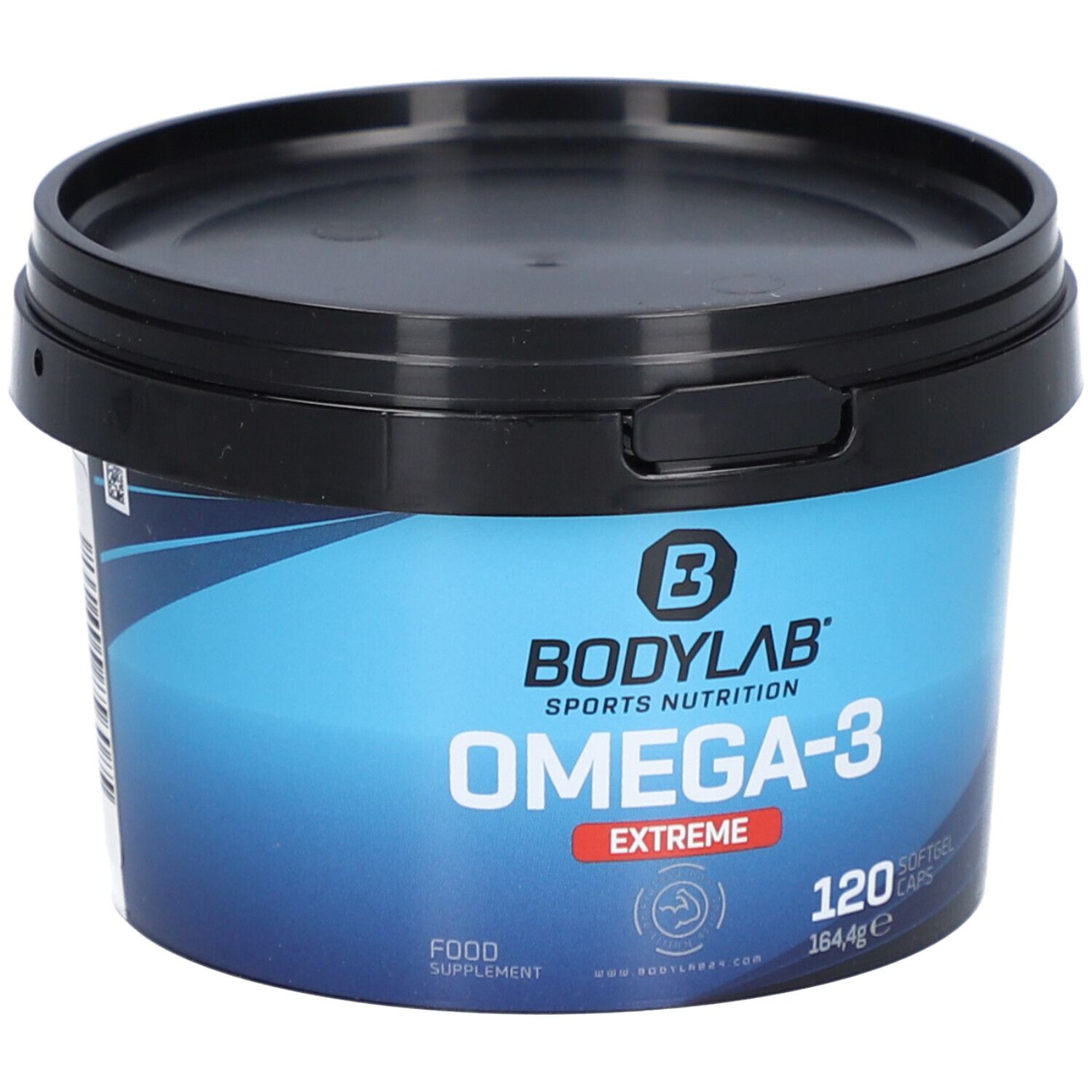 Blaue Dose mit schwarzem Deckel. Aufschrift: Bodylab, Omega-3 Extreme, 120 Softgel Kapseln. Nahrungsergänzungsmittel.