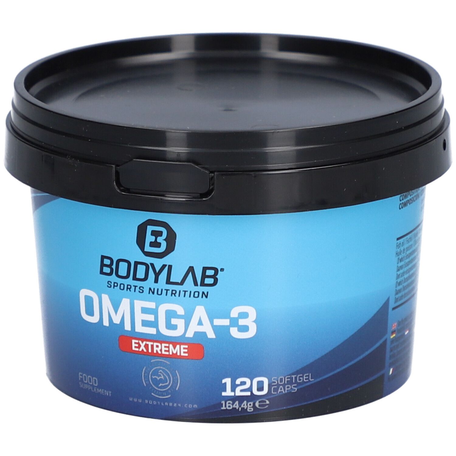 Blaue Dose mit schwarzem Deckel. Aufschrift: Bodylab, Omega-3 Extreme, 120 Softgel Kapseln. Nahrungsergänzungsmittel.