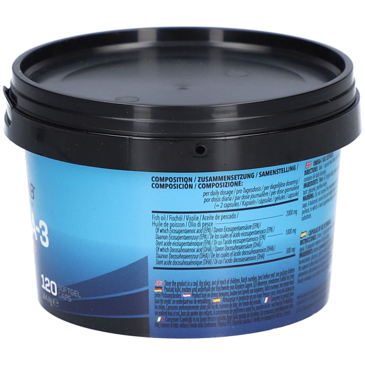 Rückseite der blauen Dose mit schwarzem Deckel. Mehrsprachiger Text, darunter Deutsch. Inhaltsangaben und Nährwertinformationen.