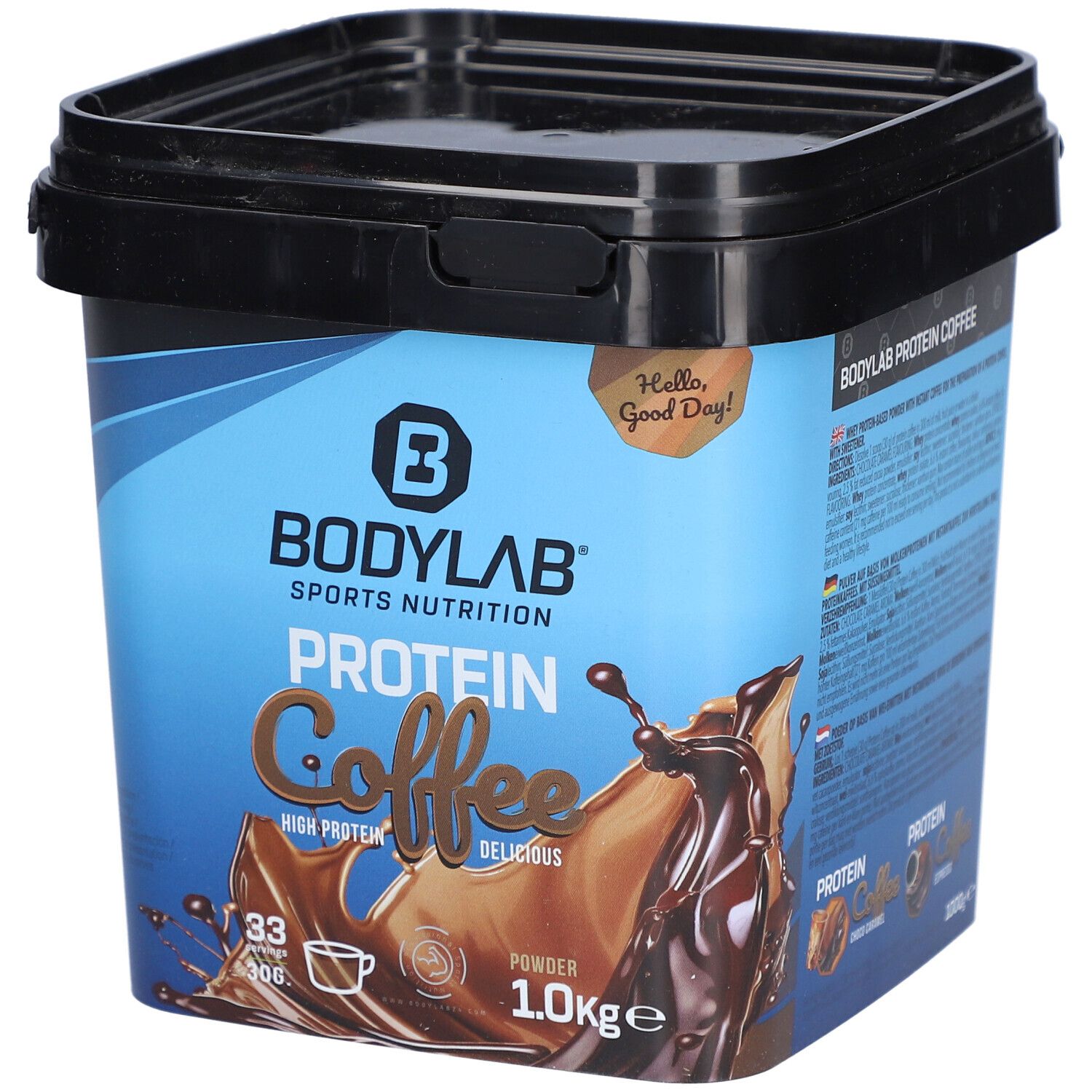 Seau noir avec étiquette bleue. Inscription : BODYLAB SPORTS NUTRITION PROTEIN Coffee. Poudre de 1,0 kg. Illustration de café.