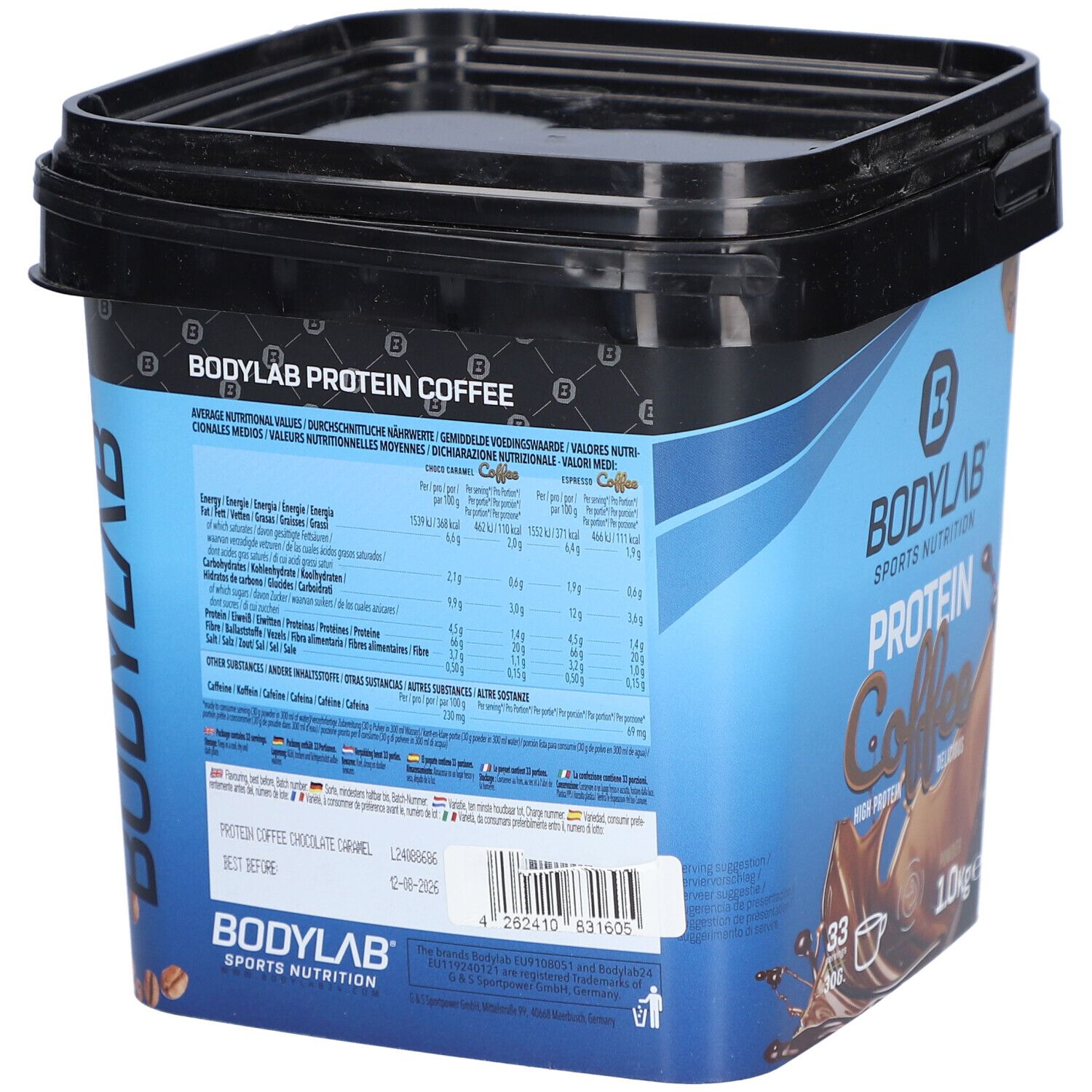 Dos d'un seau noir avec étiquette bleue. Inscription : BODYLAB PROTEIN COFFEE. Informations nutritionnelles. Date de péremption.