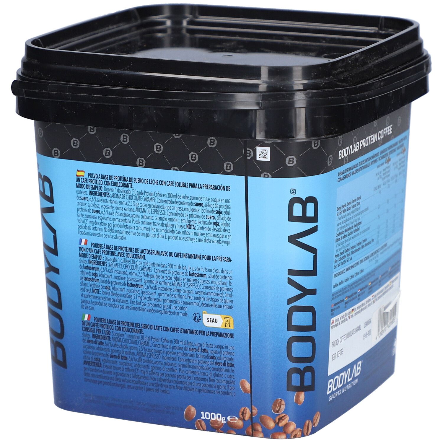 Dos d'un seau noir avec étiquette bleue. Inscription : BODYLAB PROTEIN COFFEE. Instructions de préparation en plusieurs langues.