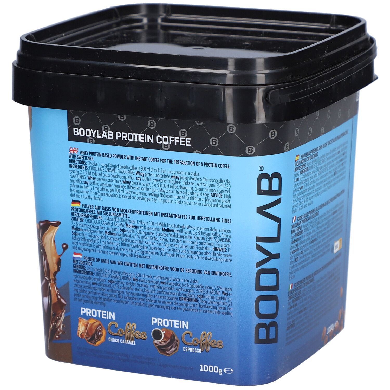 Dos d'un seau noir avec étiquette bleue. Inscription : BODYLAB PROTEIN COFFEE. Instructions de préparation en plusieurs langues.