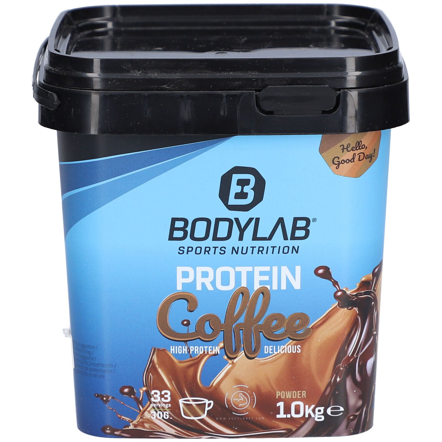 Seau noir avec étiquette bleue. Inscription : BODYLAB SPORTS NUTRITION PROTEIN Coffee. Poudre de 1,0 kg. Illustration de café.