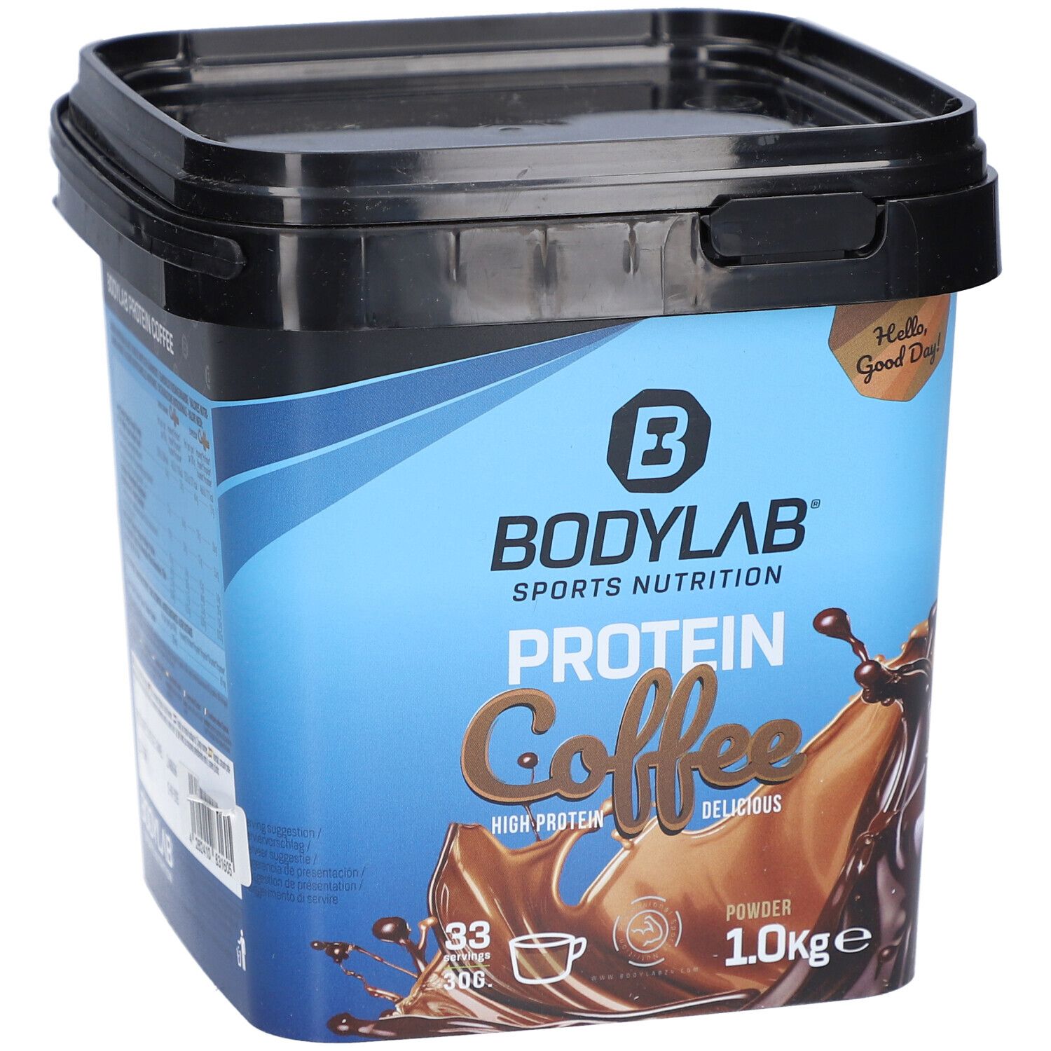Seau noir avec étiquette bleue. Inscription : BODYLAB SPORTS NUTRITION PROTEIN Coffee. Poudre de 1,0 kg. Illustration de café.