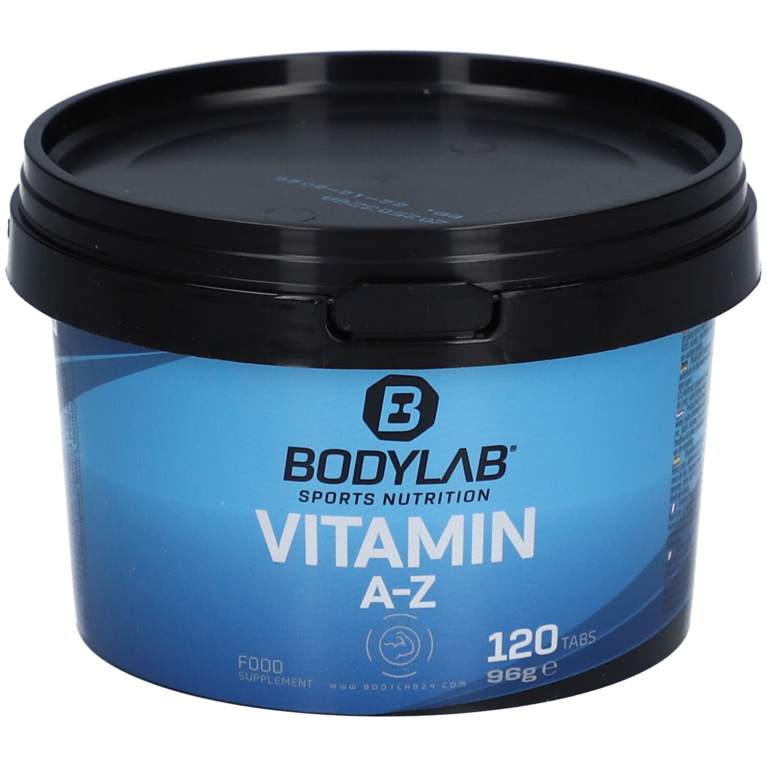 Blaue Dose mit schwarzem Deckel. Aufschrift: BODYLAB Vitamin A-Z, 120 Tabs. Lebensmittelzusatz.