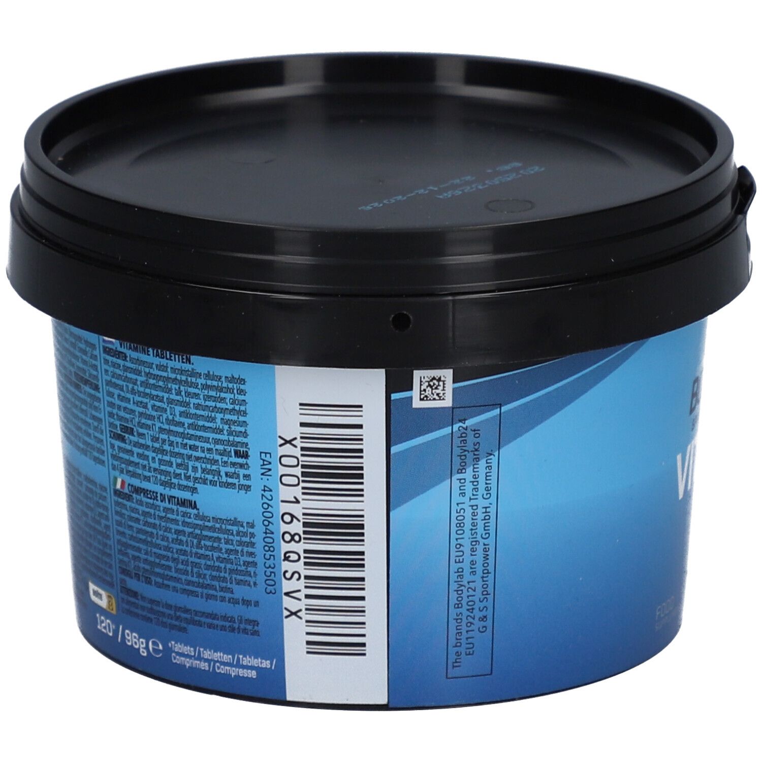 Blaue Dose mit schwarzem Deckel. Rückseite mit Produktinformationen und Barcode.