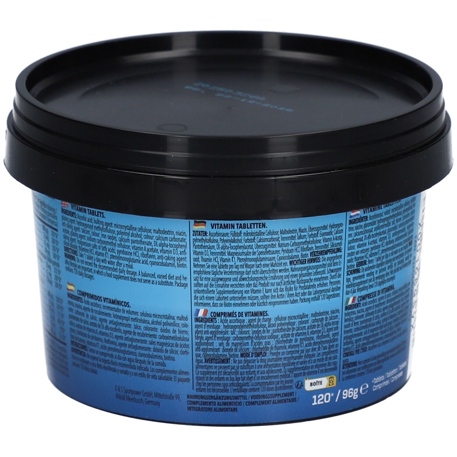 Blaue Dose mit schwarzem Deckel. Detailansicht der Inhaltsstoffe und Nährwertangaben.