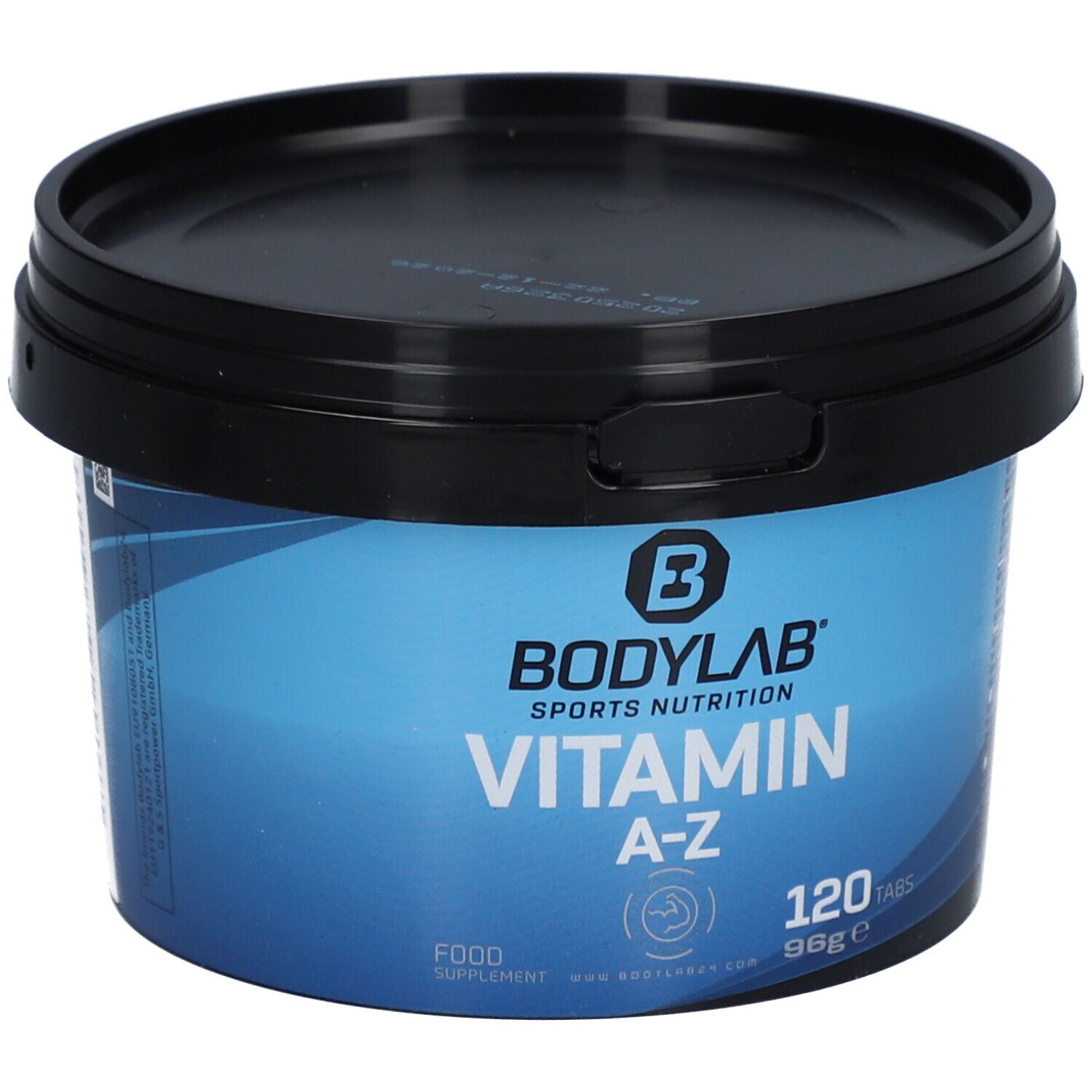Blaue Dose mit schwarzem Deckel. Aufschrift: BODYLAB Vitamin A-Z, 120 Tabs. Lebensmittelzusatz.