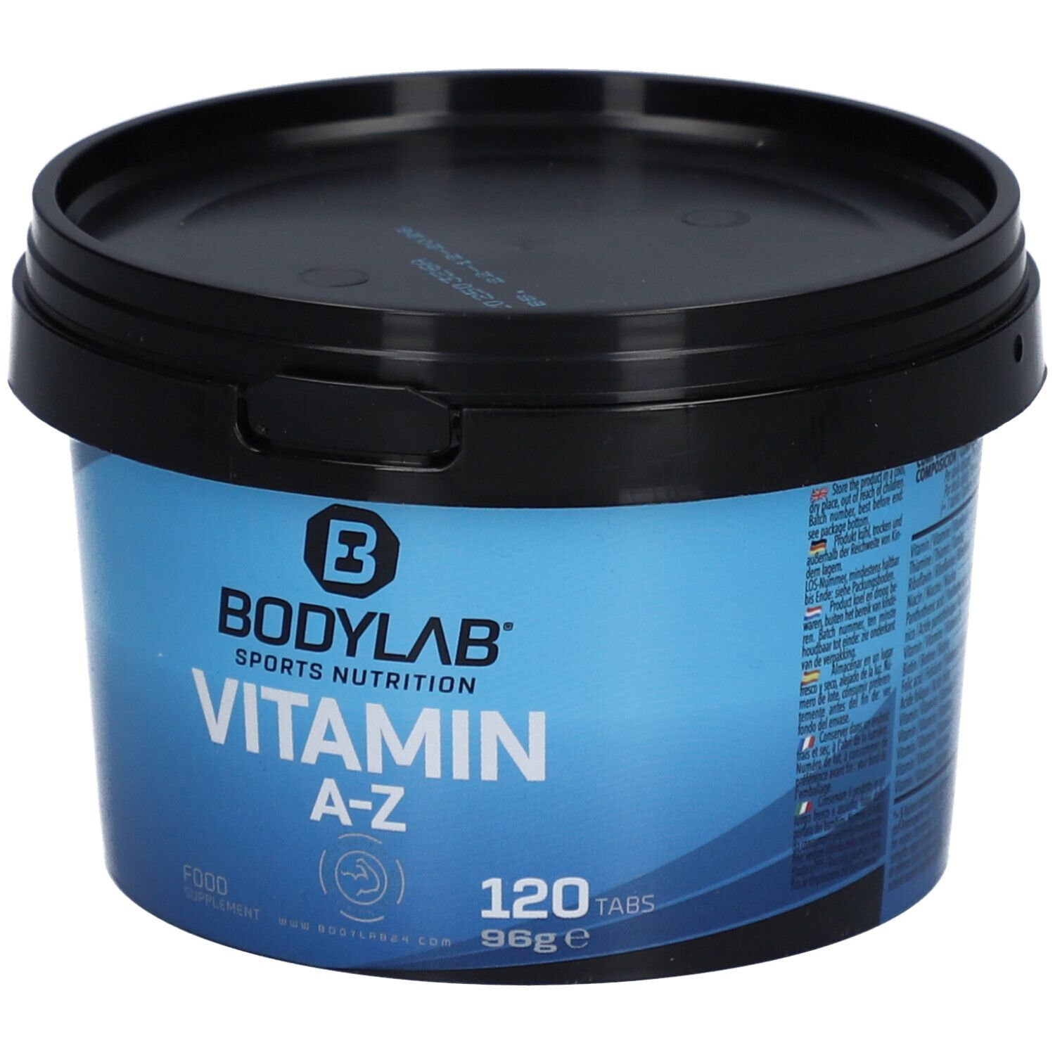 Blaue Dose mit schwarzem Deckel. Aufschrift: BODYLAB Vitamin A-Z, 120 Tabs. Lebensmittelzusatz.