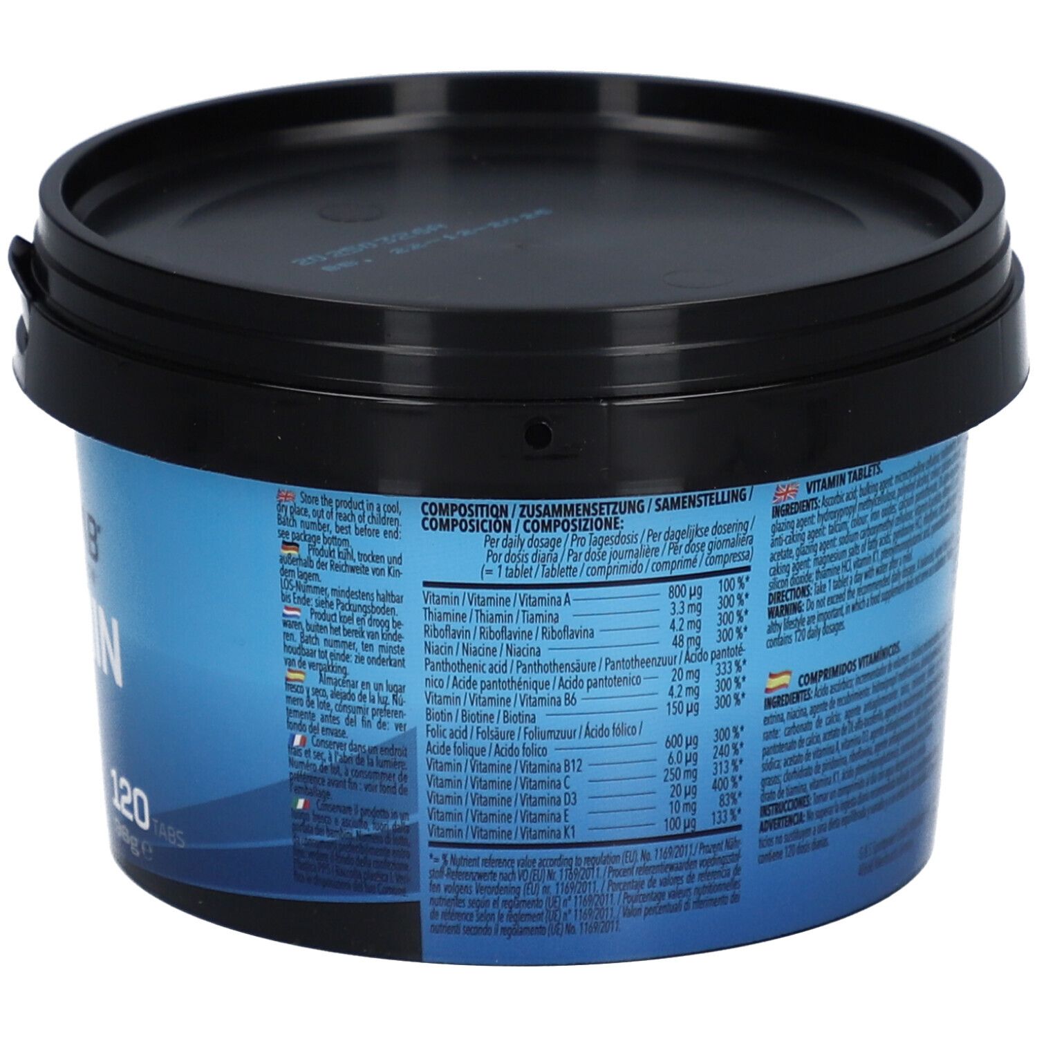 Blaue Dose mit schwarzem Deckel. Rückseite mit Inhaltsstoff- und Nährwertangaben.