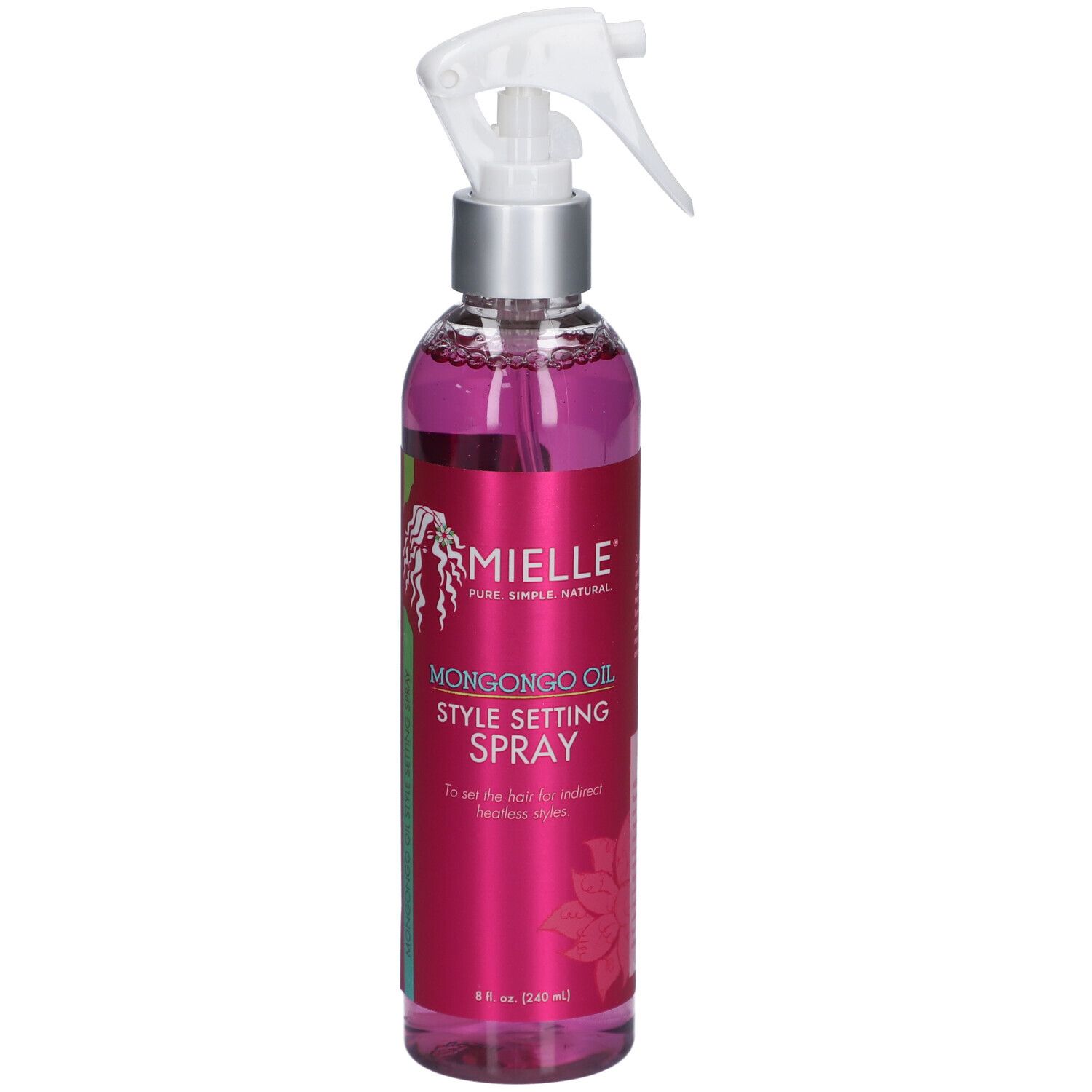 Flacon avec vaporisateur. Liquide rose. Inscription : Mielle, Mongongo Oil Style Setting Spray.