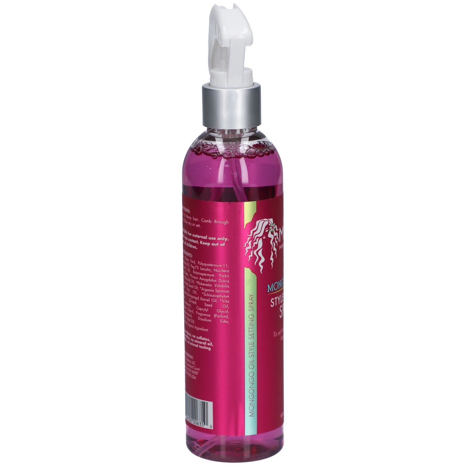 Flacon avec vaporisateur. Liquide rose. Inscription : Mielle, Mongongo Oil Style Setting Spray. Liste des ingrédients.