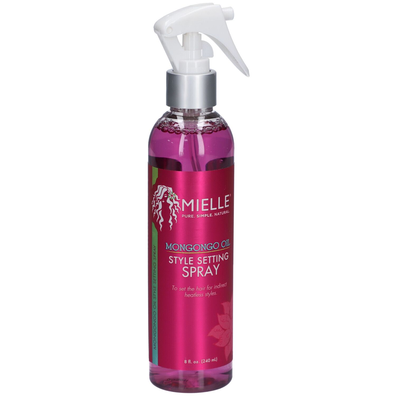 Flacon avec vaporisateur. Liquide rose. Inscription : Mielle, Mongongo Oil Style Setting Spray. Bandes vertes.