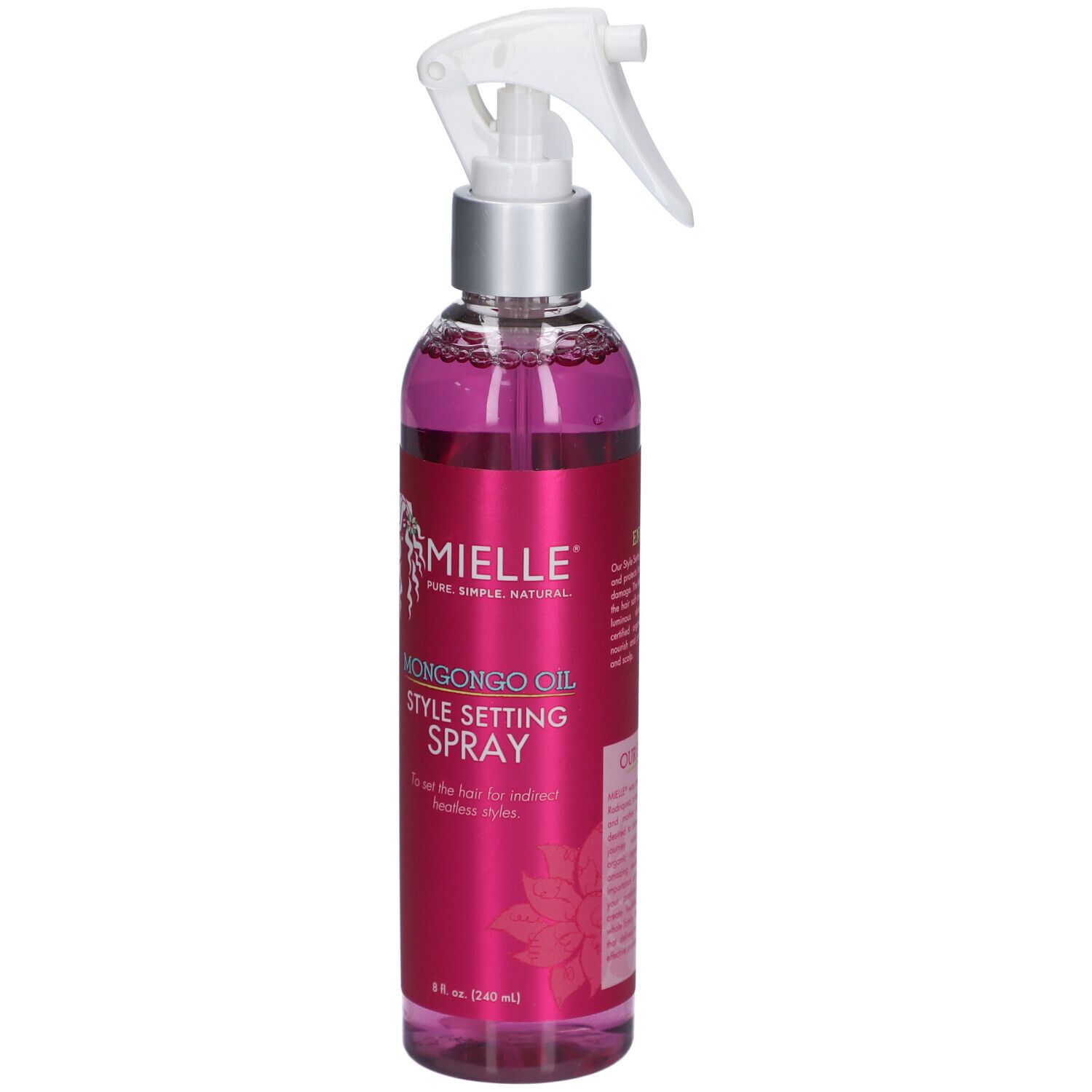 Flacon avec vaporisateur. Liquide rose. Inscription : Mielle, Mongongo Oil Style Setting Spray. Étiquette.