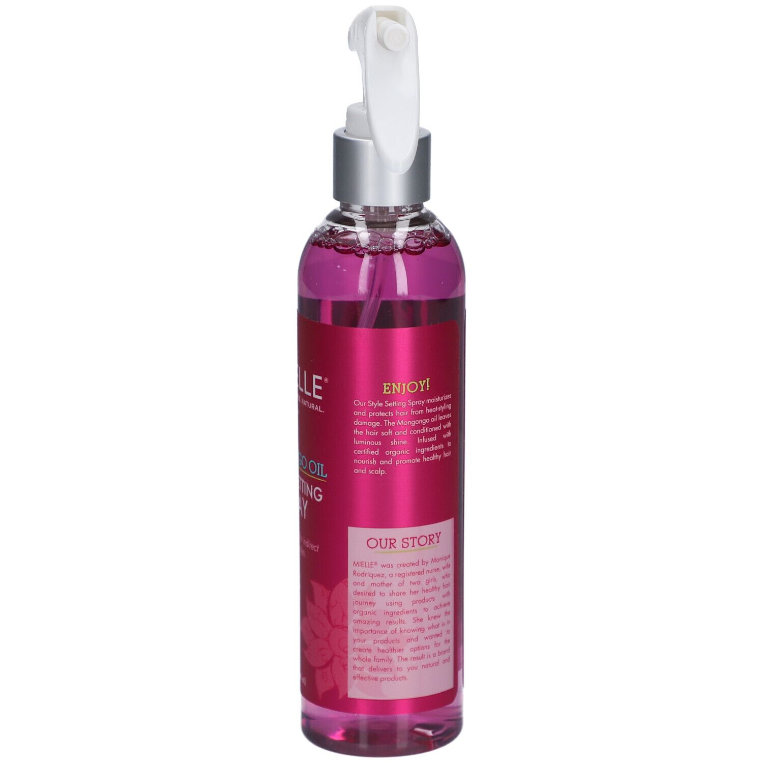 Flacon avec vaporisateur. Liquide rose. Inscription : Mielle, Mongongo Oil Style Setting Spray. Texte au dos.