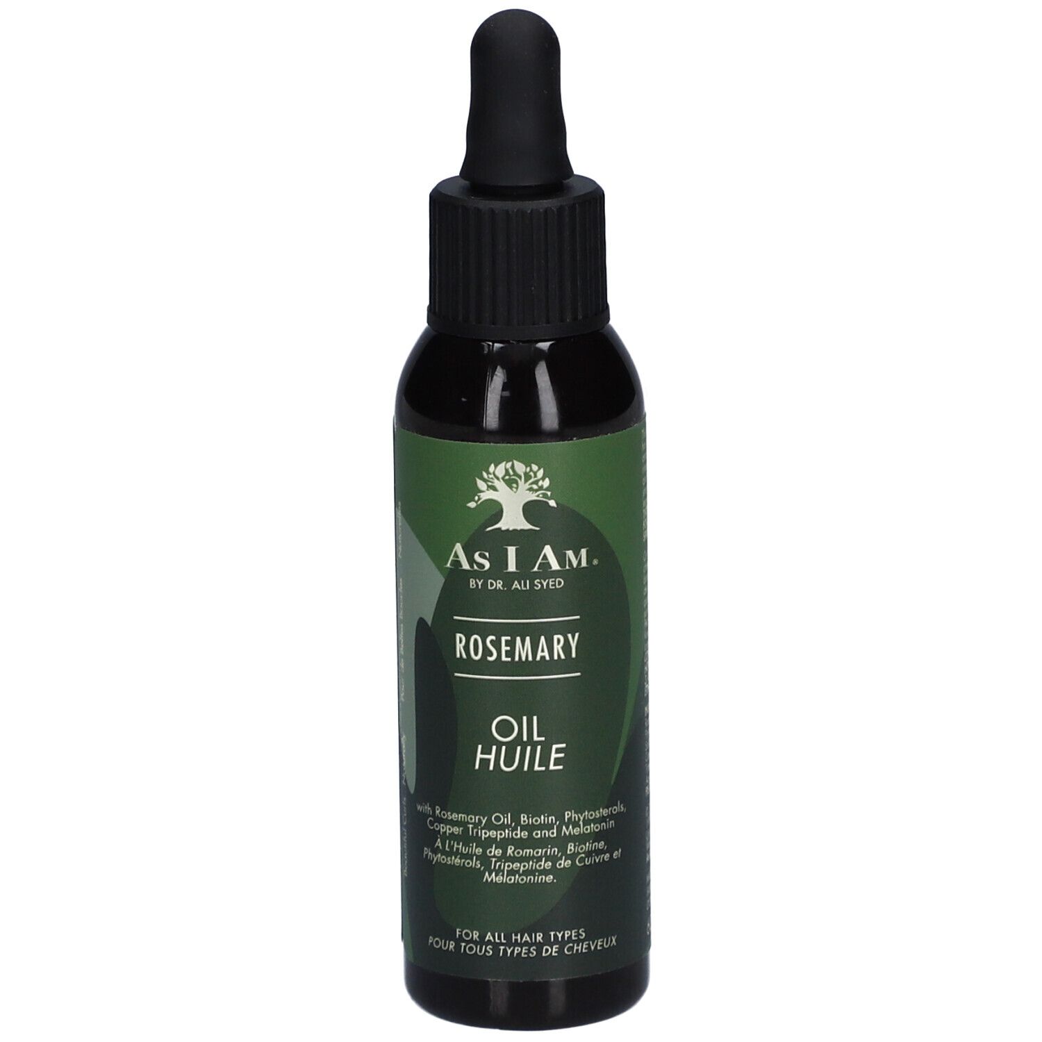 Dunkle Flasche mit schwarzem Deckel und Pipette. Etikett mit Produktnamen und Logo. Text: Rosemary Oil.