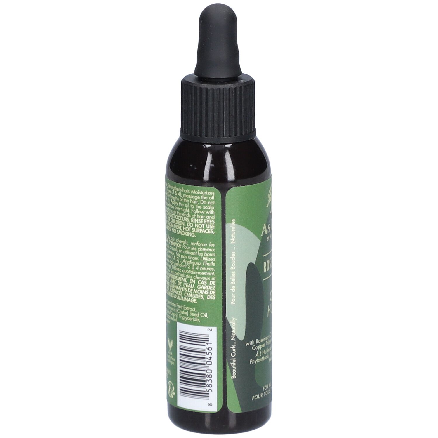 Dunkle Flasche mit schwarzem Deckel und Pipette. Etikett mit Produktinformationen und Inhaltsstoffen. Vegan-Logo.