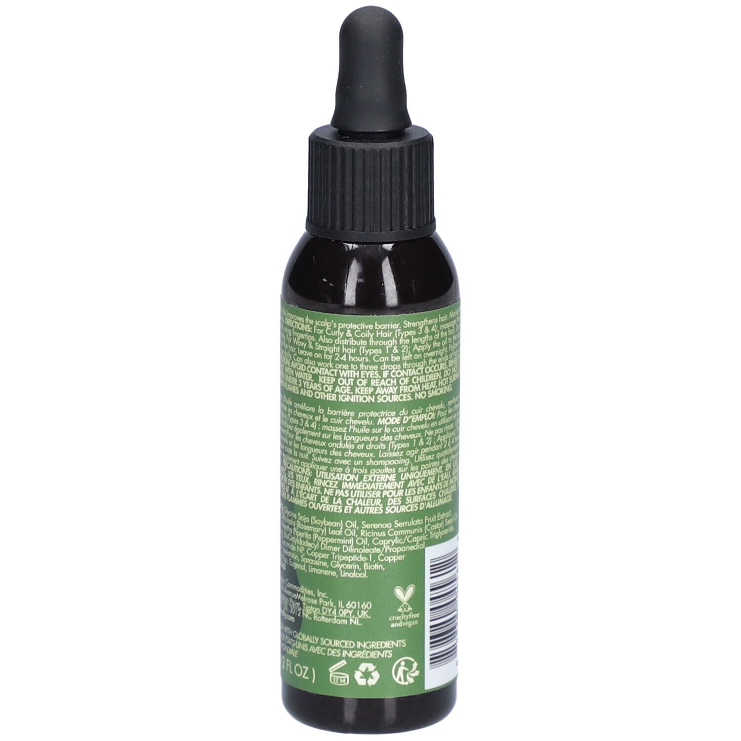 Dunkle Flasche mit schwarzem Deckel und Pipette. Etikett mit Produktinformationen und Inhaltsstoffen. Vegan-Logo.