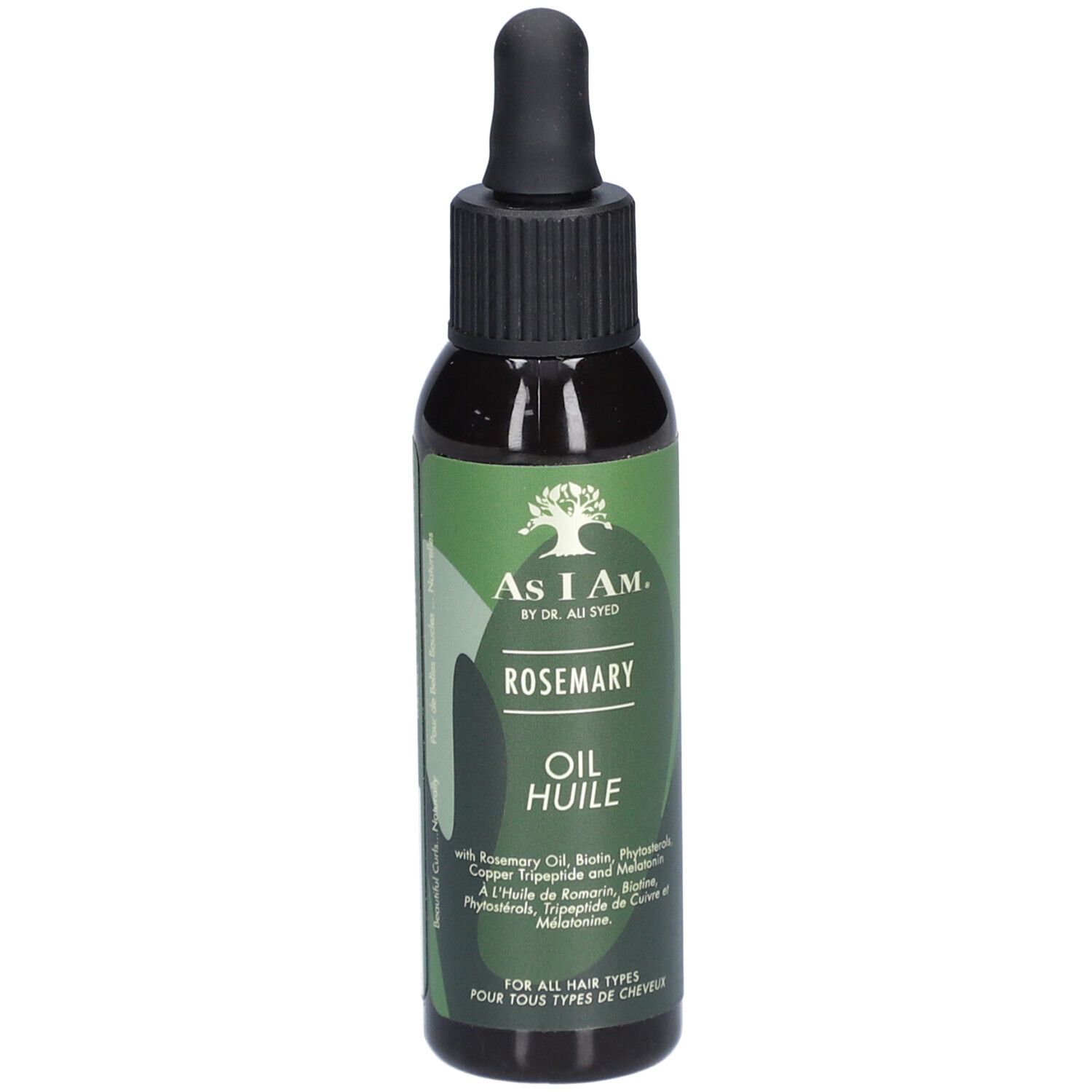 Dunkle Flasche mit schwarzem Deckel und Pipette. Etikett mit Produktnamen und Logo. Text: Rosemary Oil.