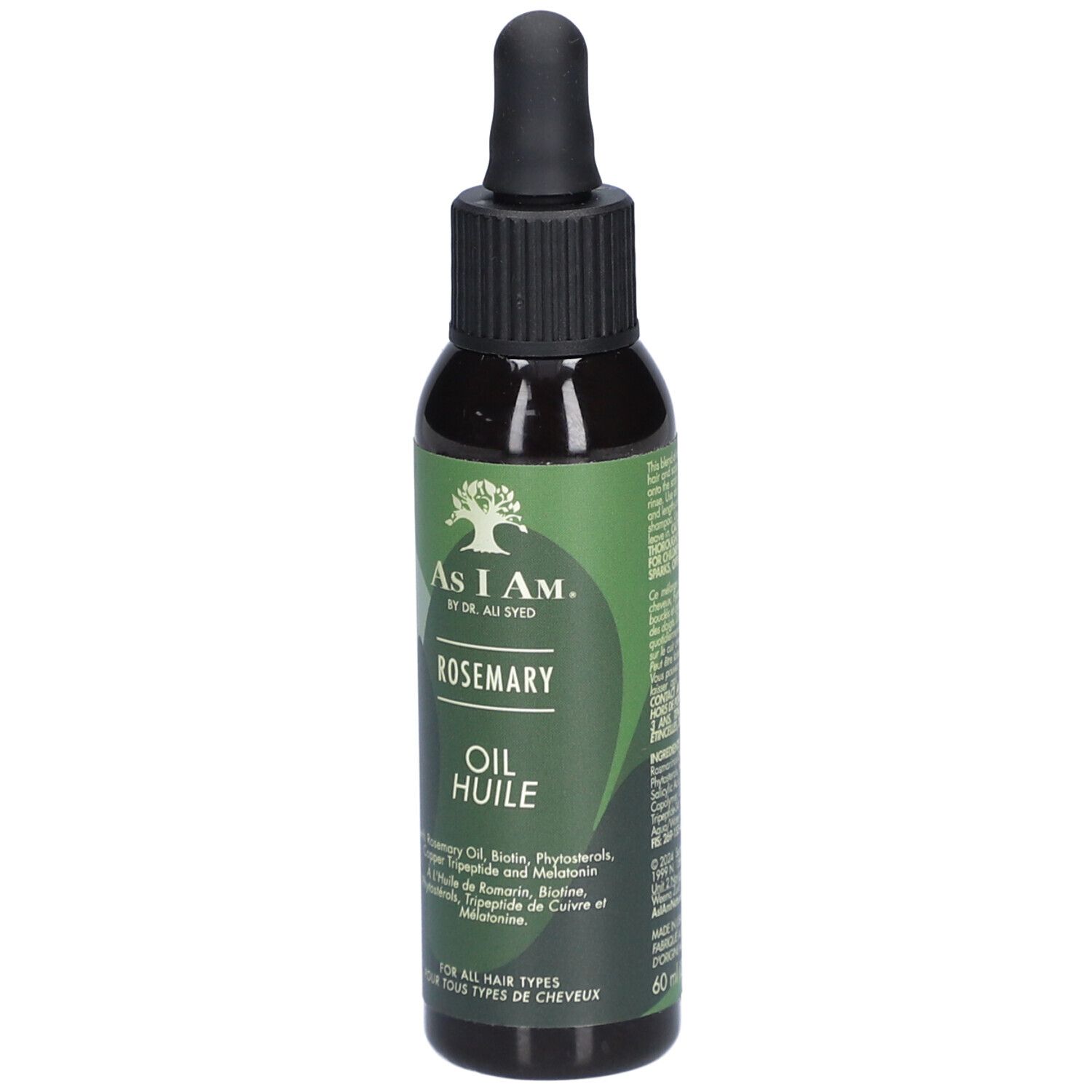 Dunkle Flasche mit schwarzem Deckel und Pipette. Etikett mit Produktnamen und Logo. Text: Rosemary Oil. Volumen: 60ml.