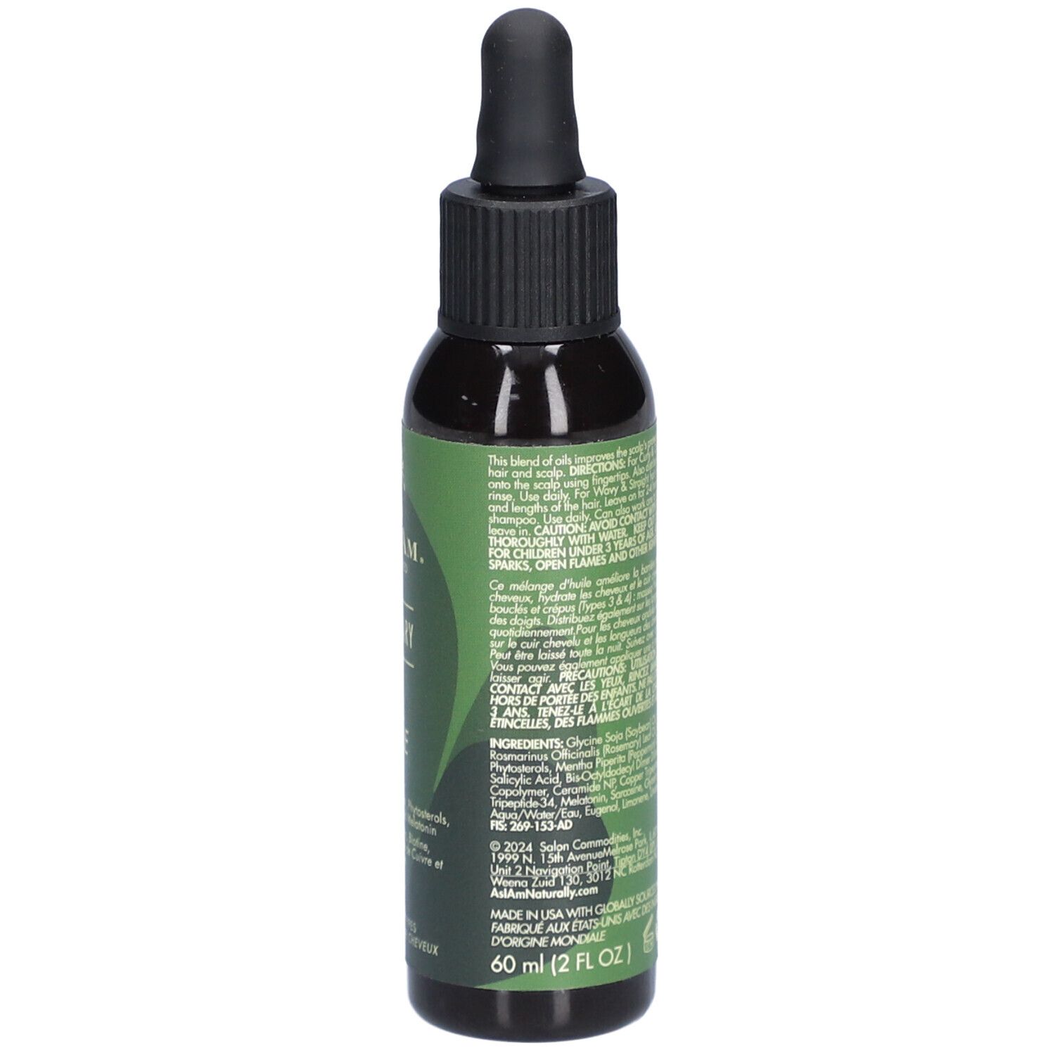 Dunkle Flasche mit schwarzem Deckel und Pipette. Etikett mit Produktinformationen und Inhaltsstoffen. Volumen: 60ml.
