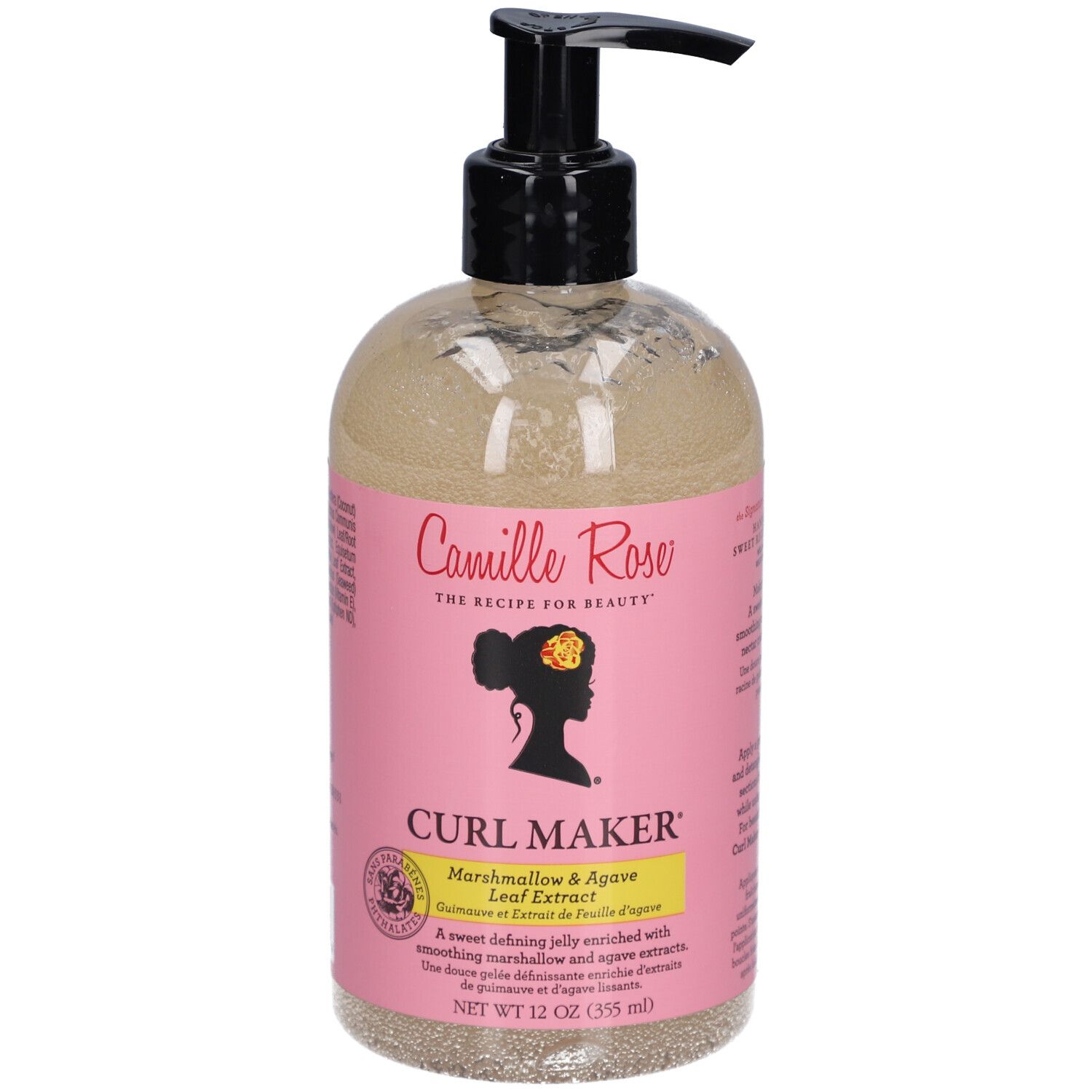 Camille Rose Curl Maker. Gelée activateur de boucles en flacon transparent avec pompe noire. Étiquette rose.