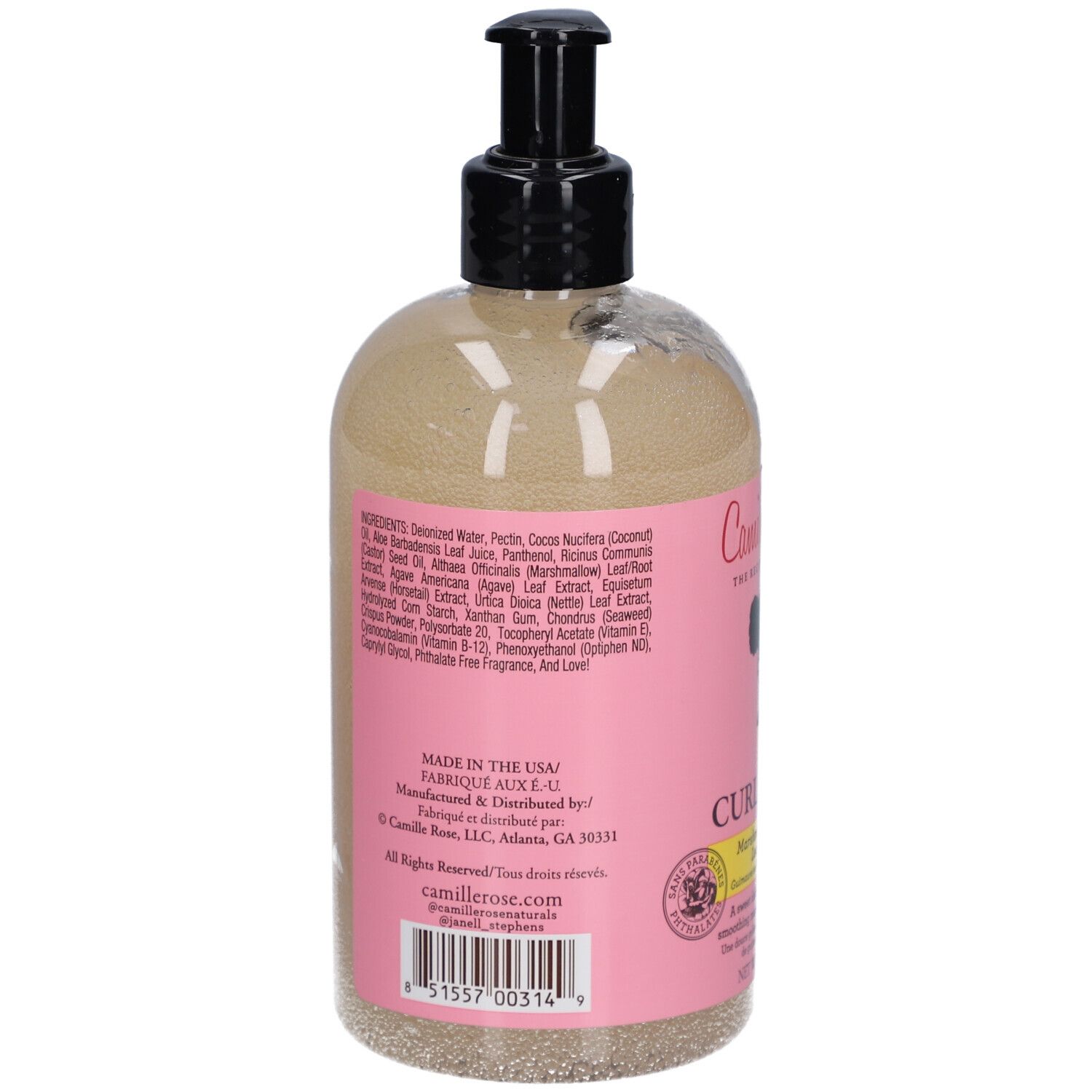 Dos du flacon Camille Rose Curl Maker. Étiquette rose avec ingrédients et informations fabricant. Pompe noire.