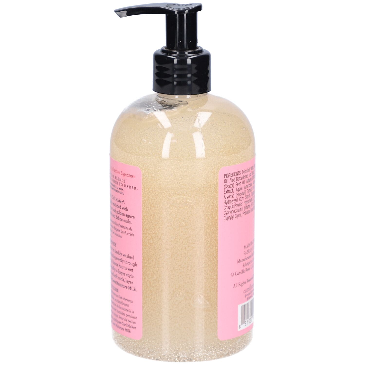 Flacon Camille Rose Curl Maker, vue latérale. Étiquette rose avec ingrédients. Pompe noire.