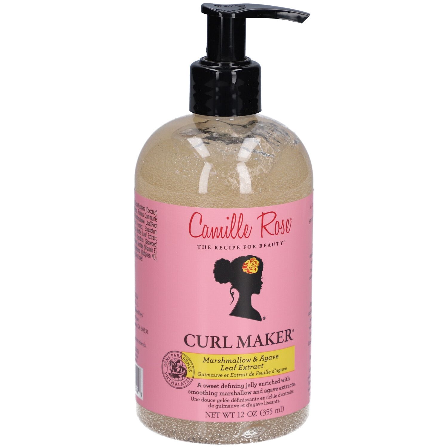 Camille Rose Curl Maker. Gelée activateur de boucles en flacon transparent avec pompe noire. Étiquette rose.