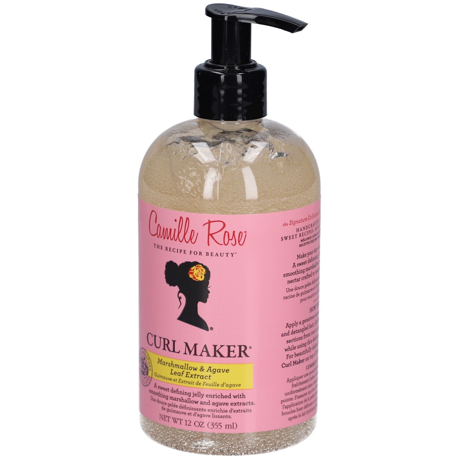 Camille Rose Curl Maker. Gelée activateur de boucles en flacon transparent avec pompe noire. Étiquette rose.