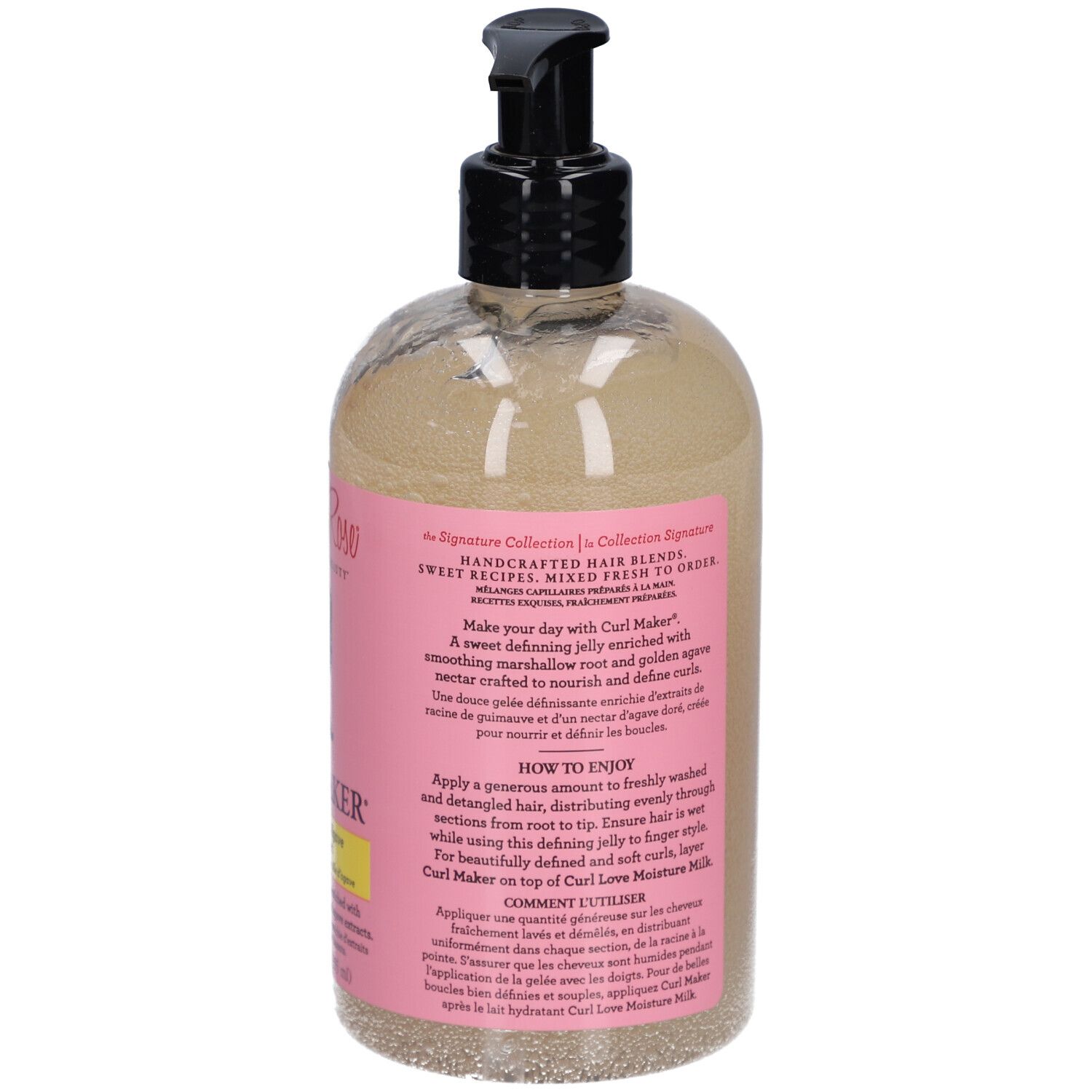 Dos du flacon Camille Rose Curl Maker. Étiquette rose avec instructions d'utilisation. Pompe noire.