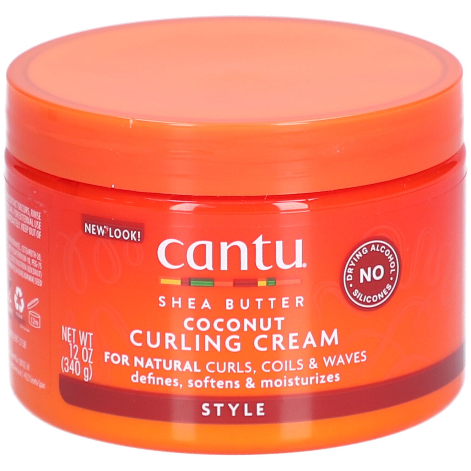 Pot orange avec Cantu. Crème bouclante au beurre de karité et noix de coco. 12 oz (340 g). Sans silicones.