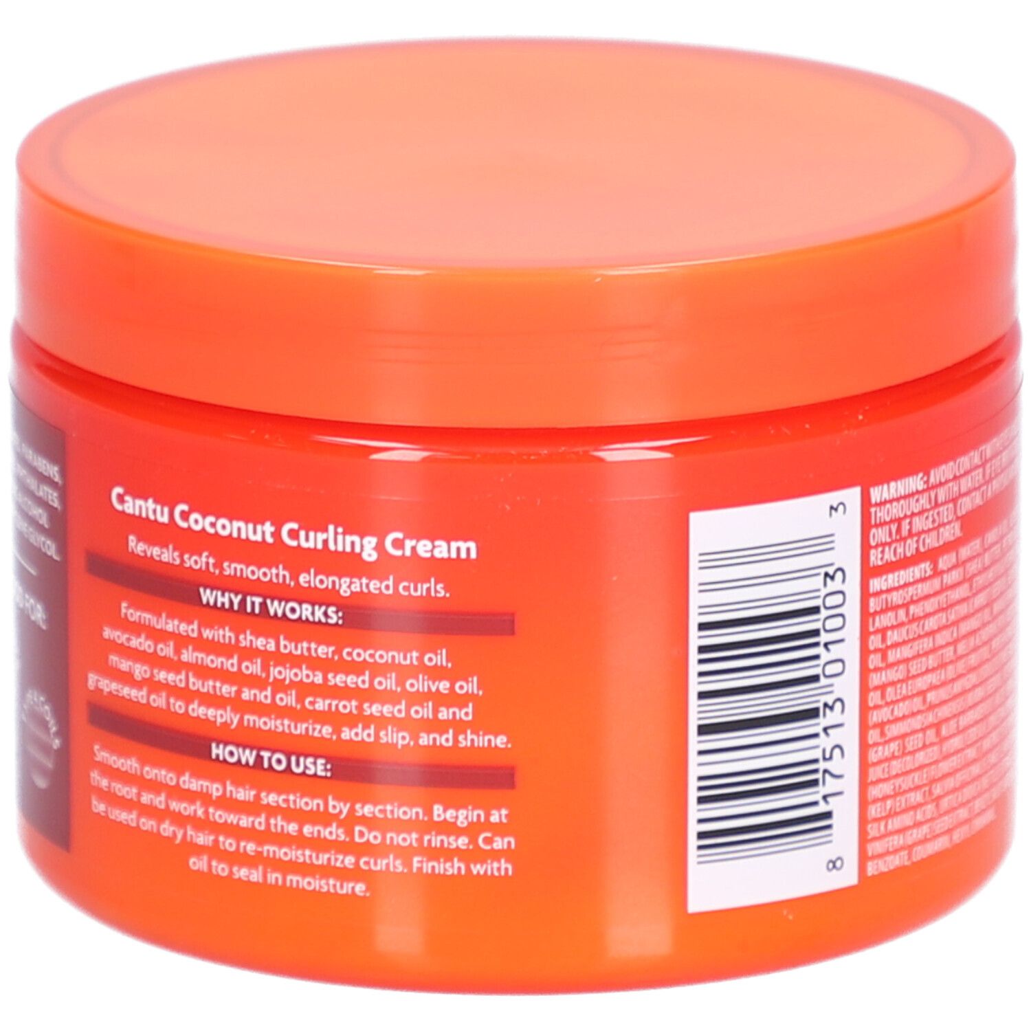 Dos du pot. Crème bouclante Cantu à la noix de coco. Mode d'emploi. Contient beurre de karité, huile de coco, etc.