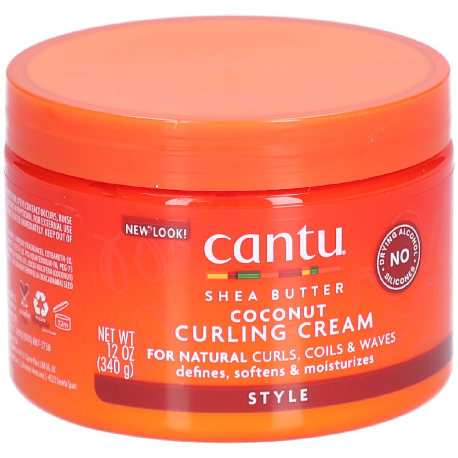 Pot orange avec Cantu. Crème bouclante au beurre de karité et noix de coco. 12 oz (340 g). Sans silicones.