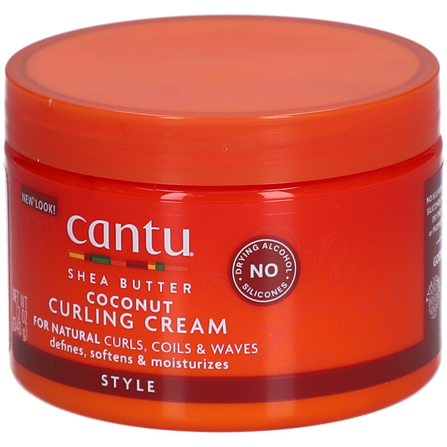 Pot orange avec Cantu. Crème bouclante au beurre de karité et noix de coco. 12 oz (340 g). Sans silicones.