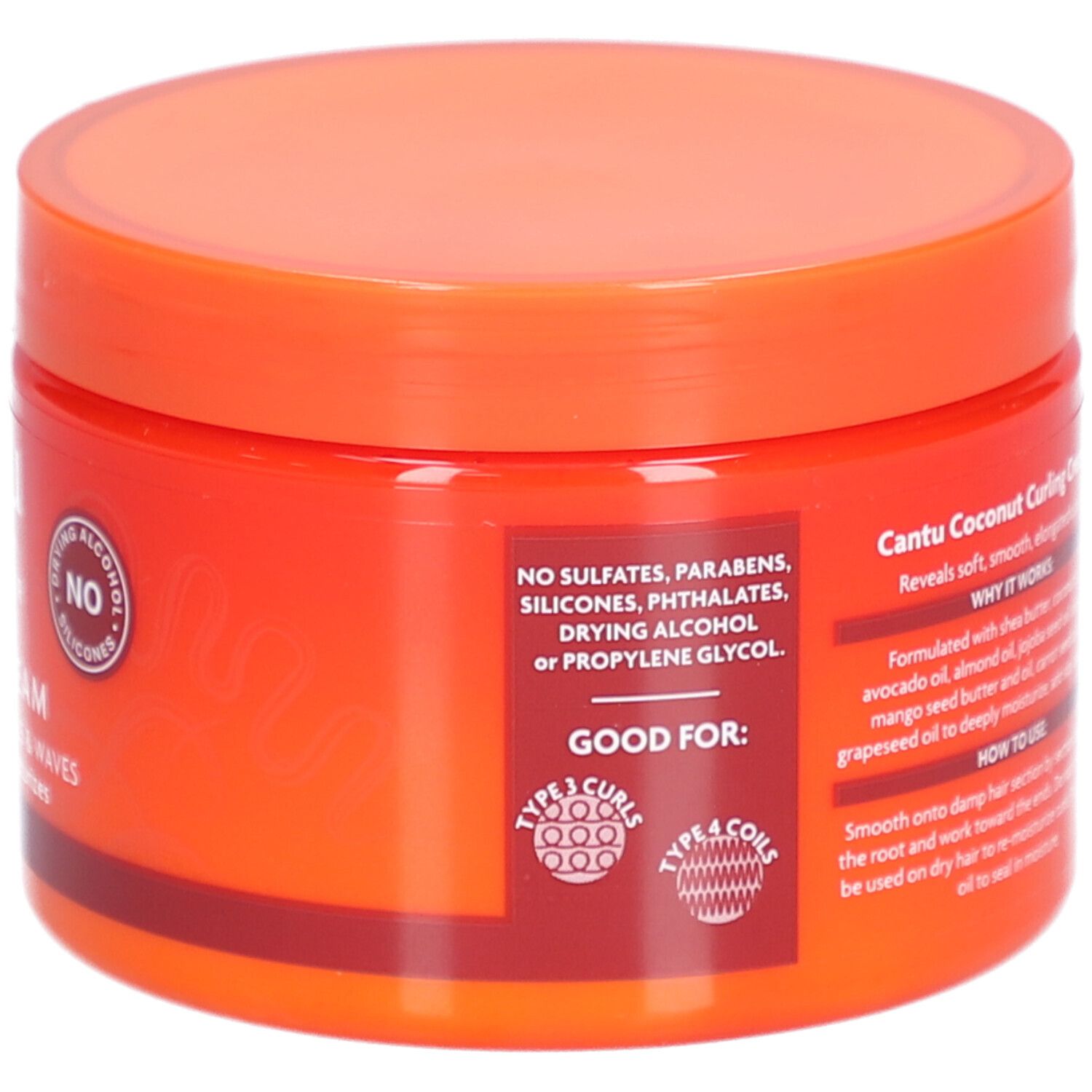 Dos du pot. Crème bouclante Cantu à la noix de coco. Sans sulfates, parabènes, silicones, phtalates, alcool. Pour boucles.