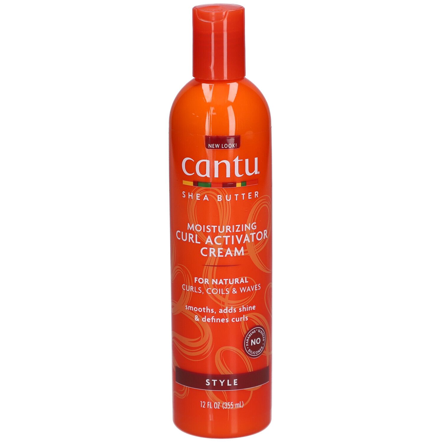 Orangefarbene Flasche mit rotem Deckel. Aufschrift: CANTU, Shea Butter, Moisturizing Curl Activator Cream.