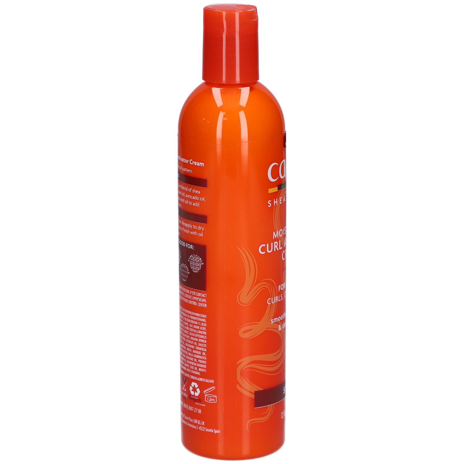 Orangefarbene Flasche mit rotem Deckel. Aufschrift und Text auf der Rückseite. Enthält Informationen zum Produkt.