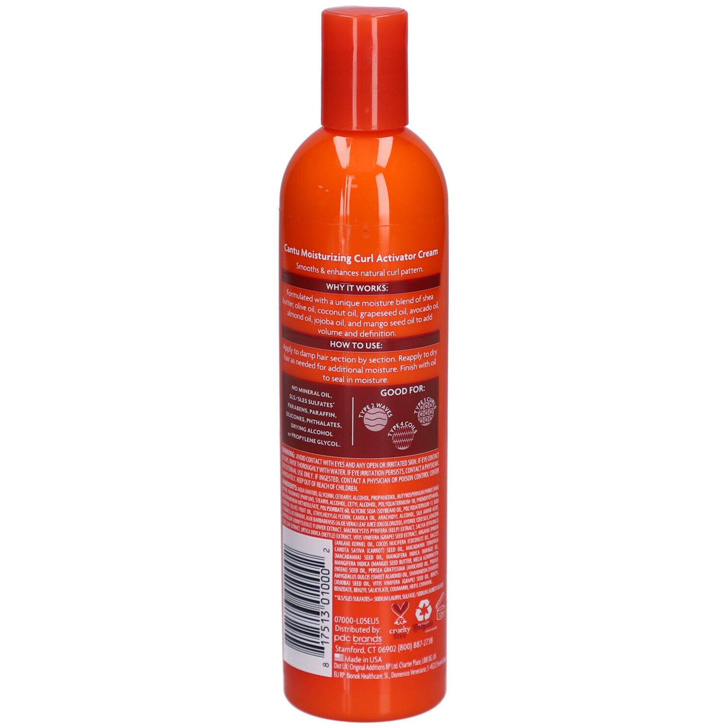 Orangefarbene Flasche mit rotem Deckel. Rückseite mit Text. Enthält Informationen zur Anwendung und Inhaltsstoffe.