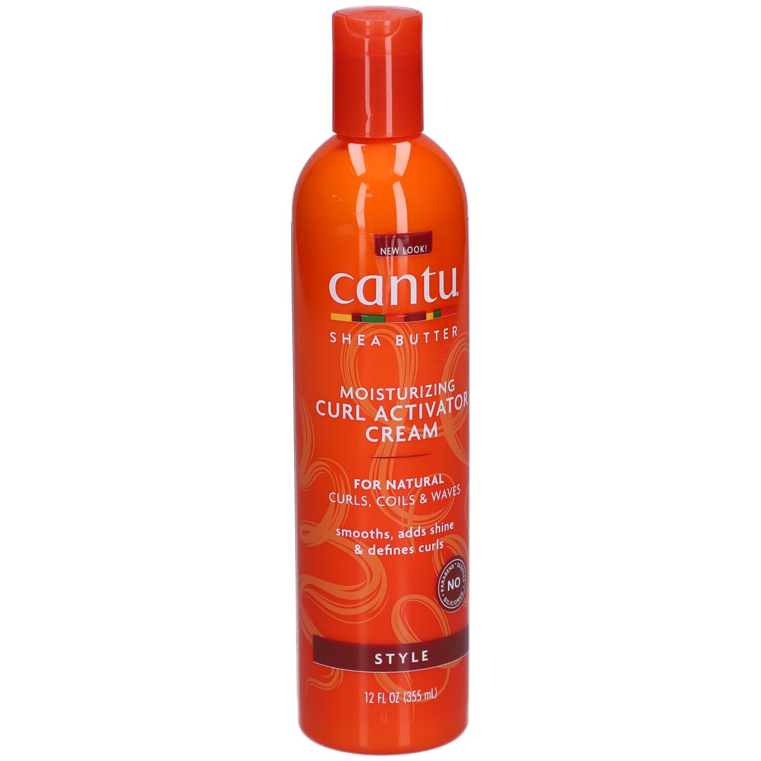 Orangefarbene Flasche mit rotem Deckel. Aufschrift: CANTU, Shea Butter, Moisturizing Curl Activator Cream.