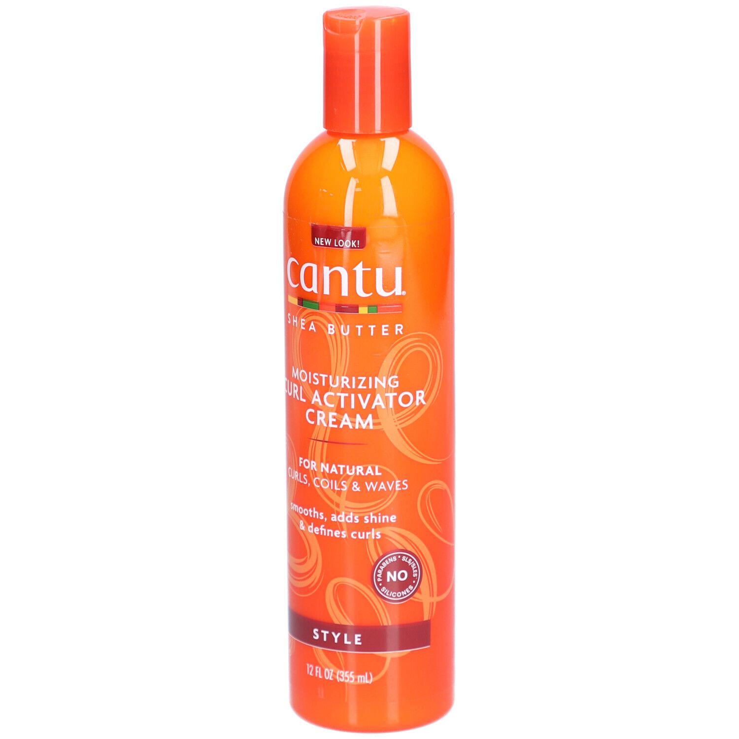 Orangefarbene Flasche mit rotem Deckel. Aufschrift: CANTU, Shea Butter, Moisturizing Curl Activator Cream.