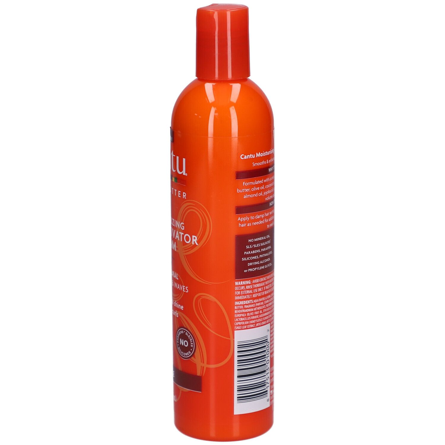 Orangefarbene Flasche mit rotem Deckel. Aufschrift und Text auf der Rückseite. Enthält Informationen zum Produkt.